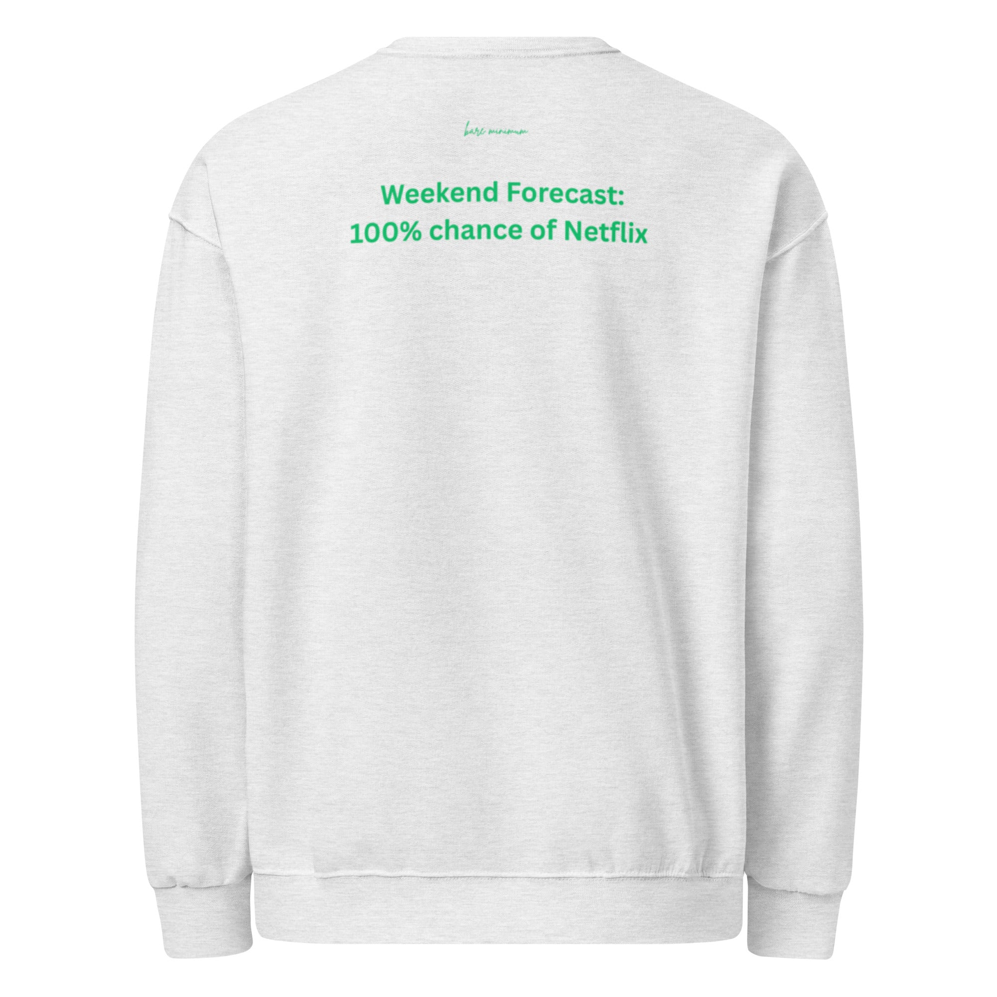 White sweatshirt with green text on the back on a white background
