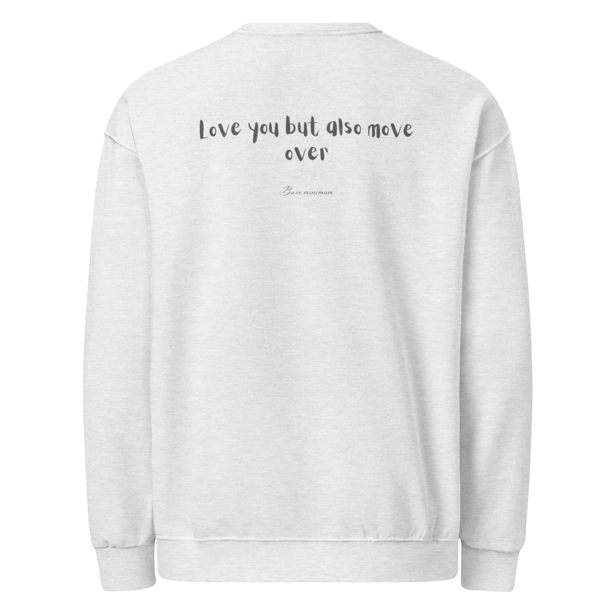 White sweatshirt with text on the back against a white background