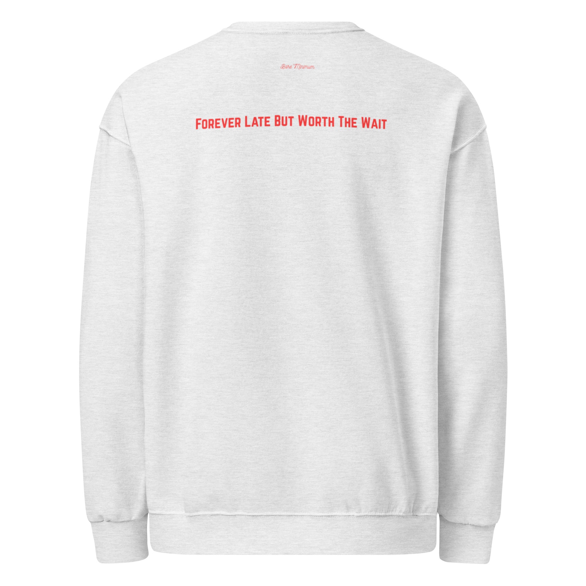 White sweatshirt with red text on the back against a white background