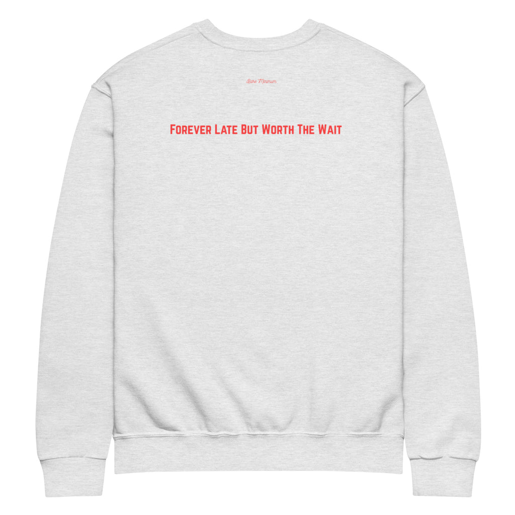 Gray sweatshirt with red text on a white background