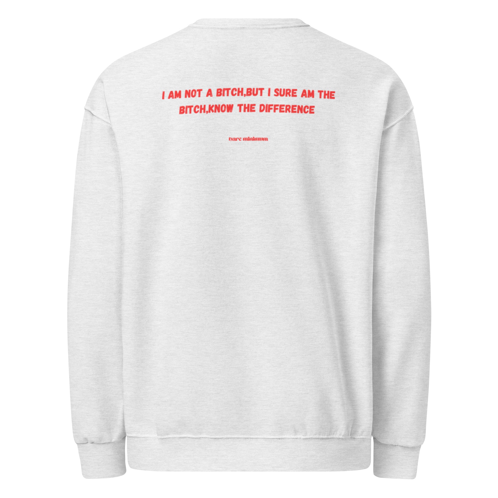 White sweatshirt with red text on the back against a white background