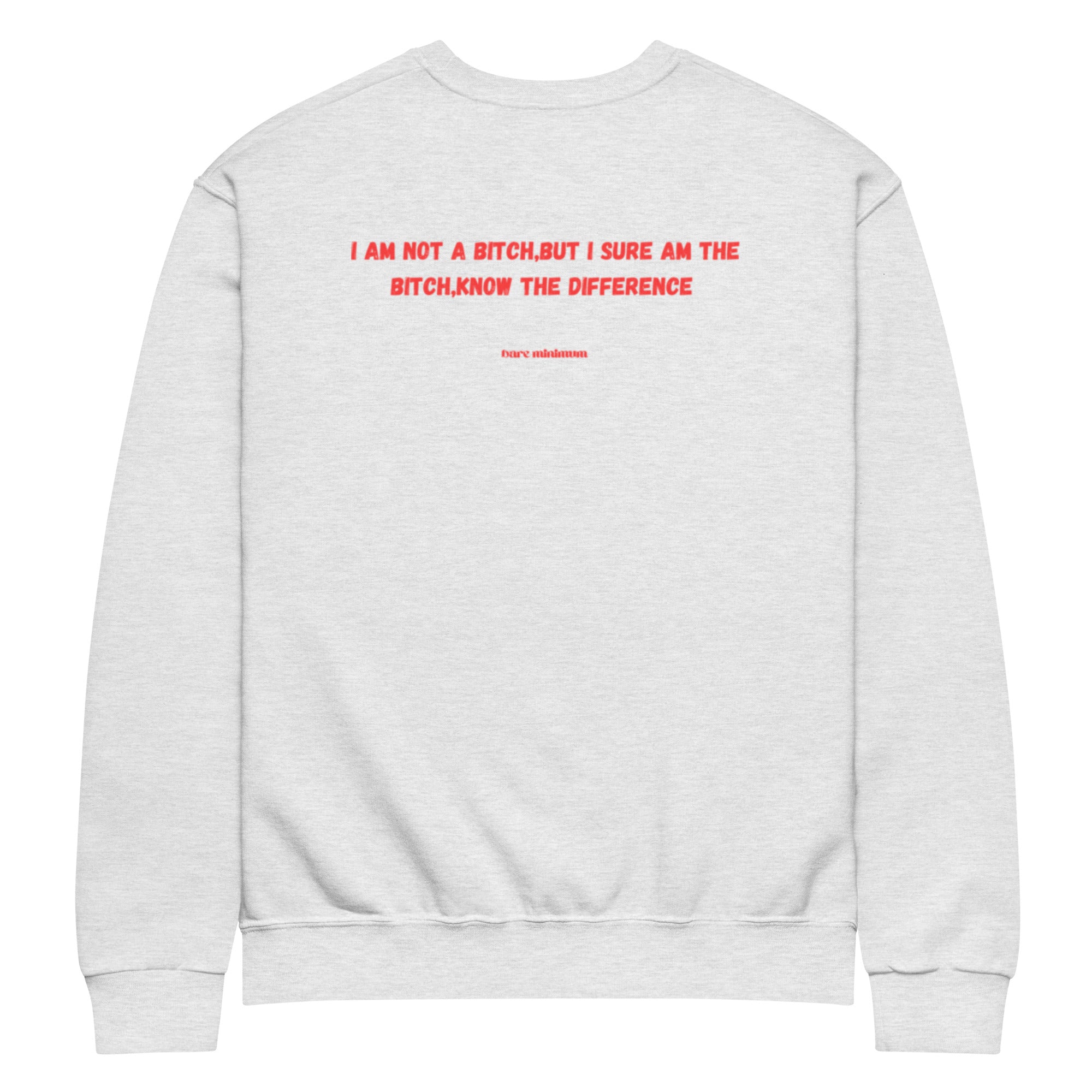 Gray sweatshirt with red text on the back on a white background