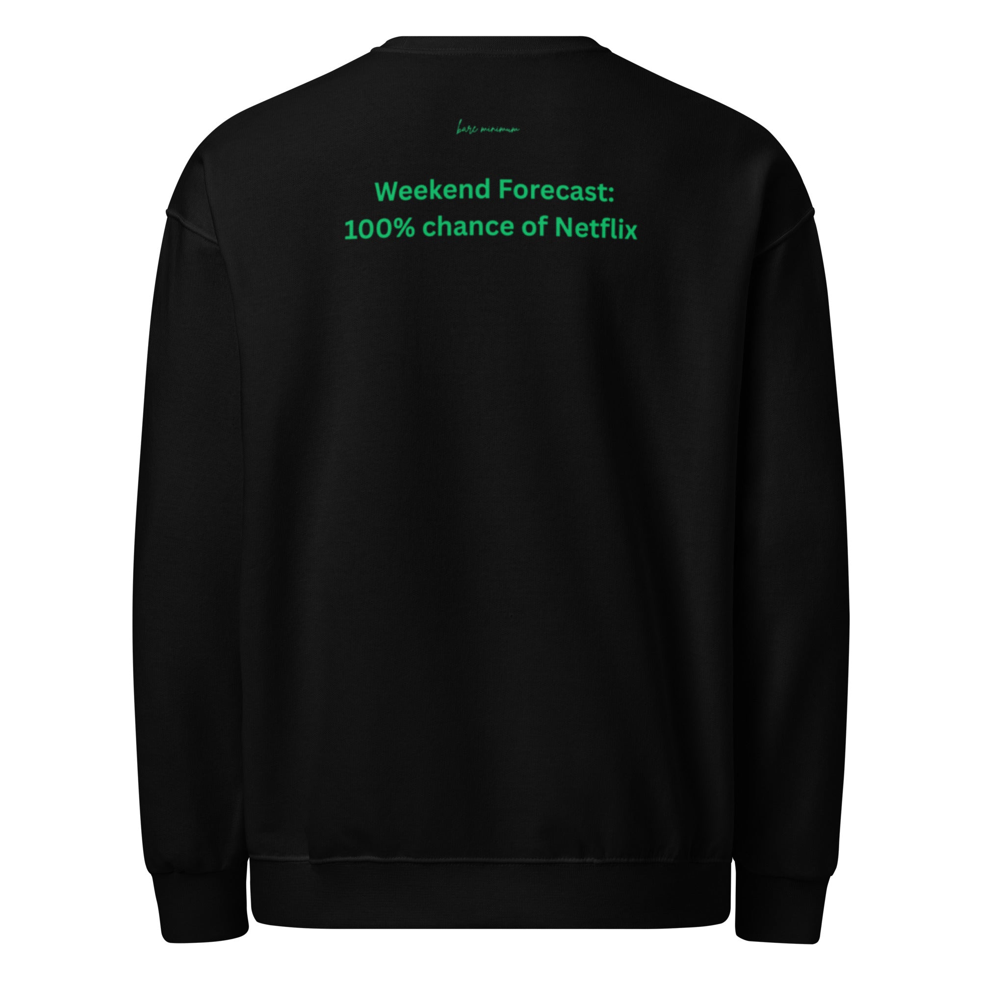Black sweatshirt with green text on the back on a white background