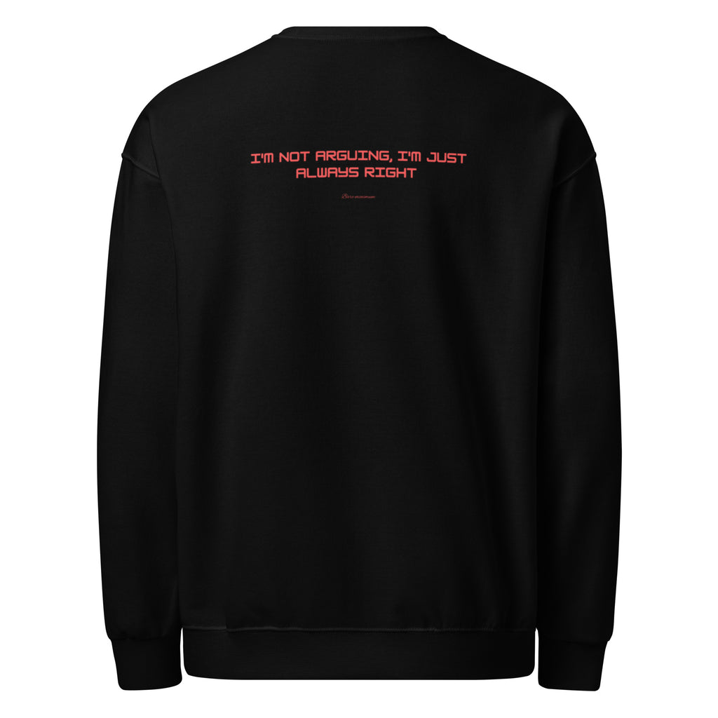 Black sweatshirt with red text on the back on a white background