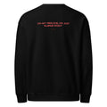 Black sweatshirt with red text on the back on a white background