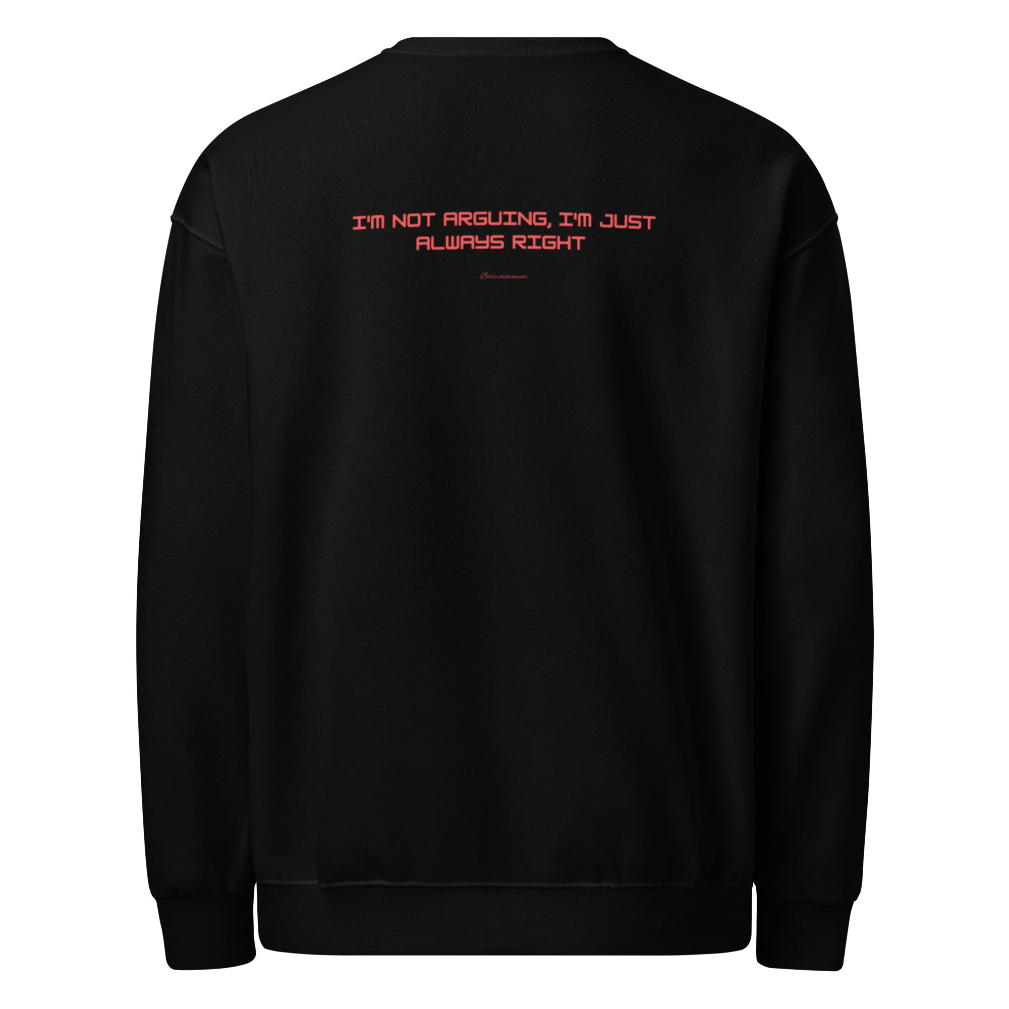 Black sweatshirt with red text on the back on a white background