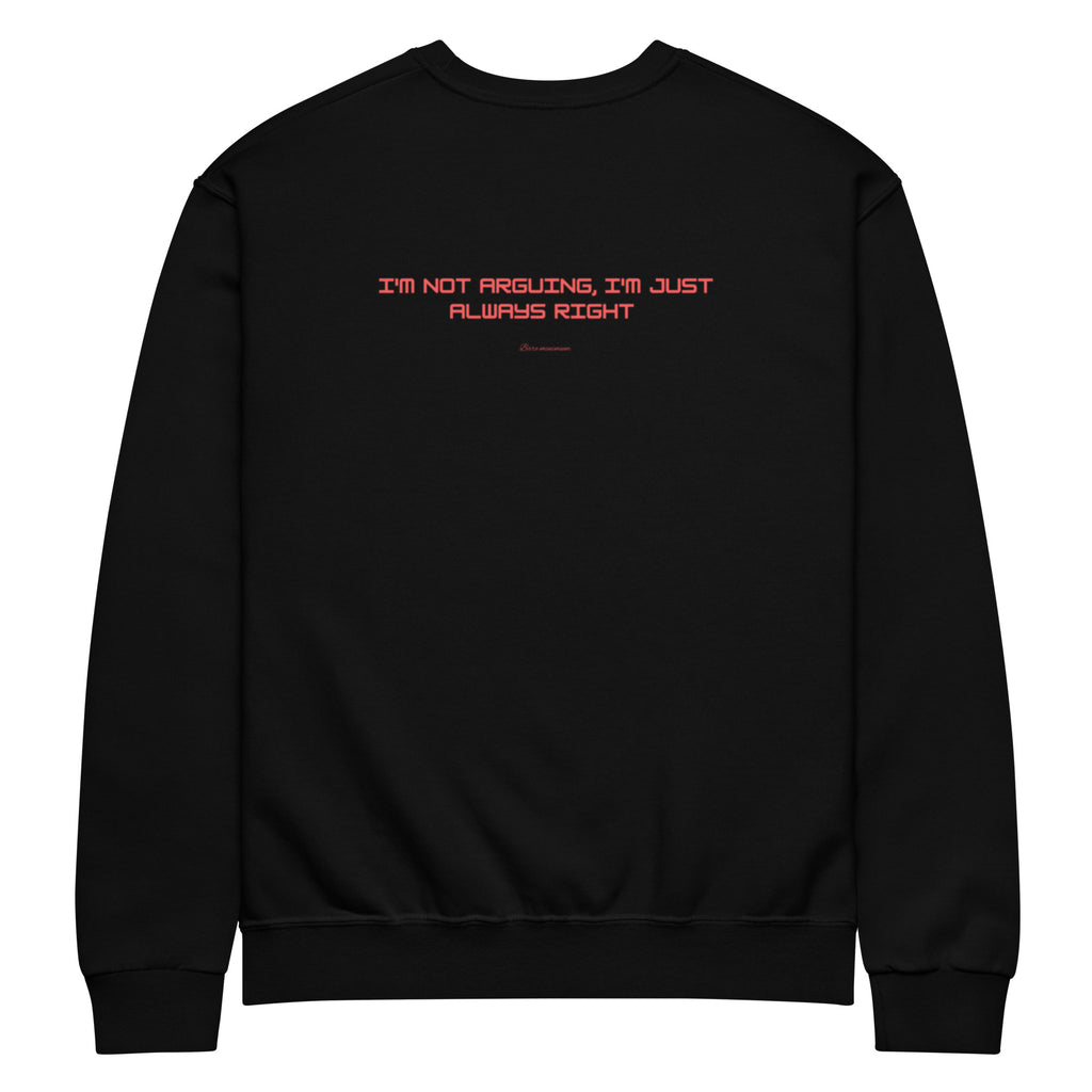 Black sweatshirt with red text on a white background