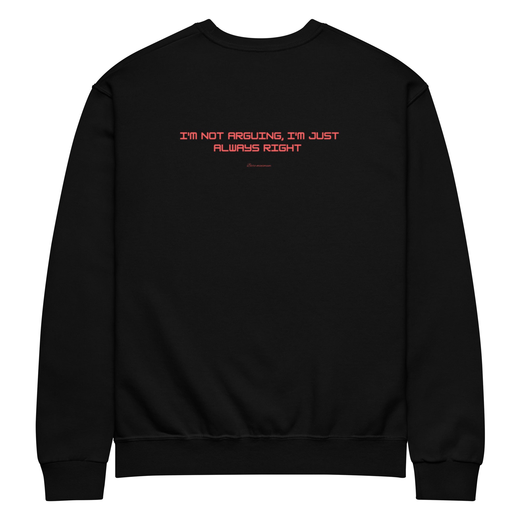 Black sweatshirt with red text on a white background