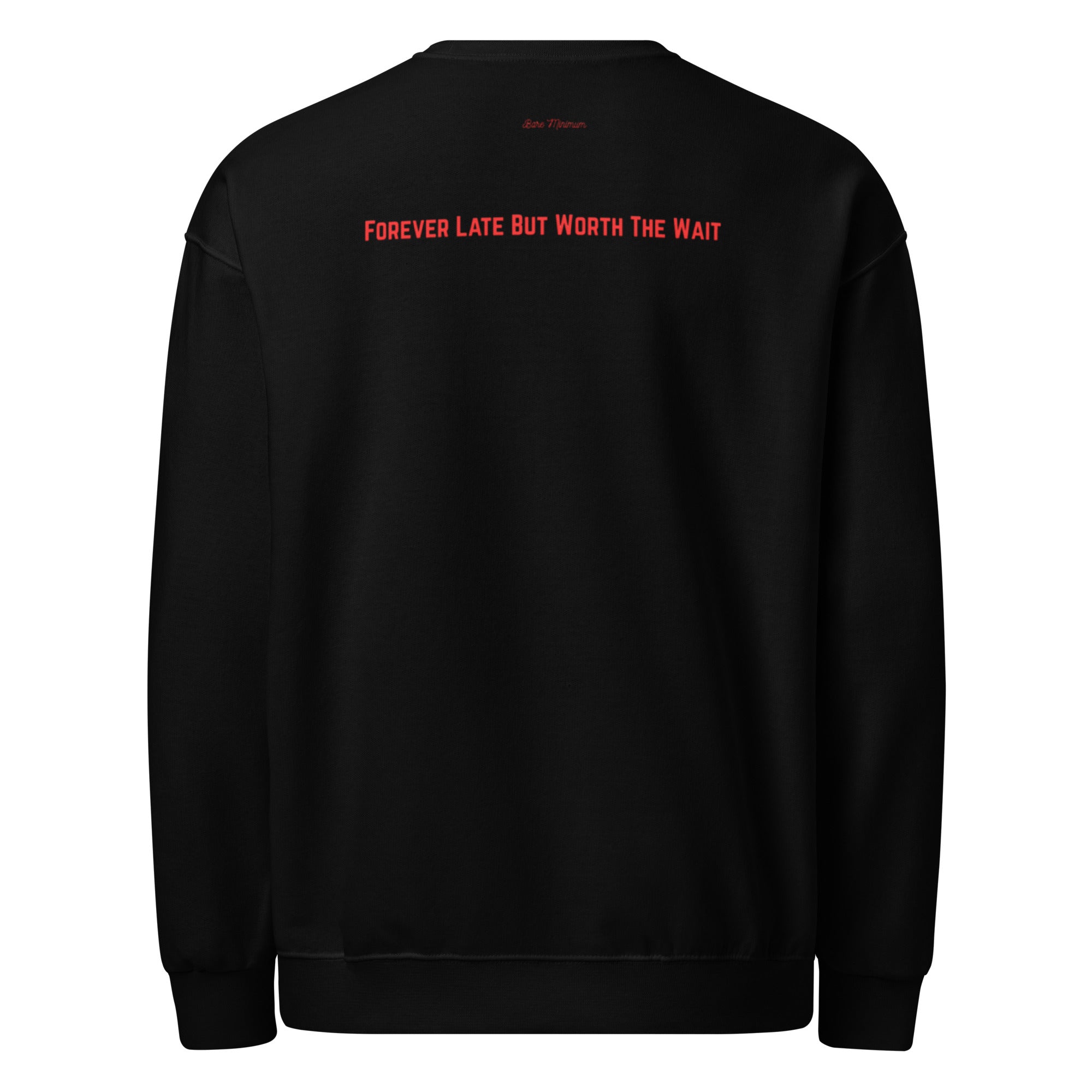 Black sweatshirt with red text on the back against a white backgroun