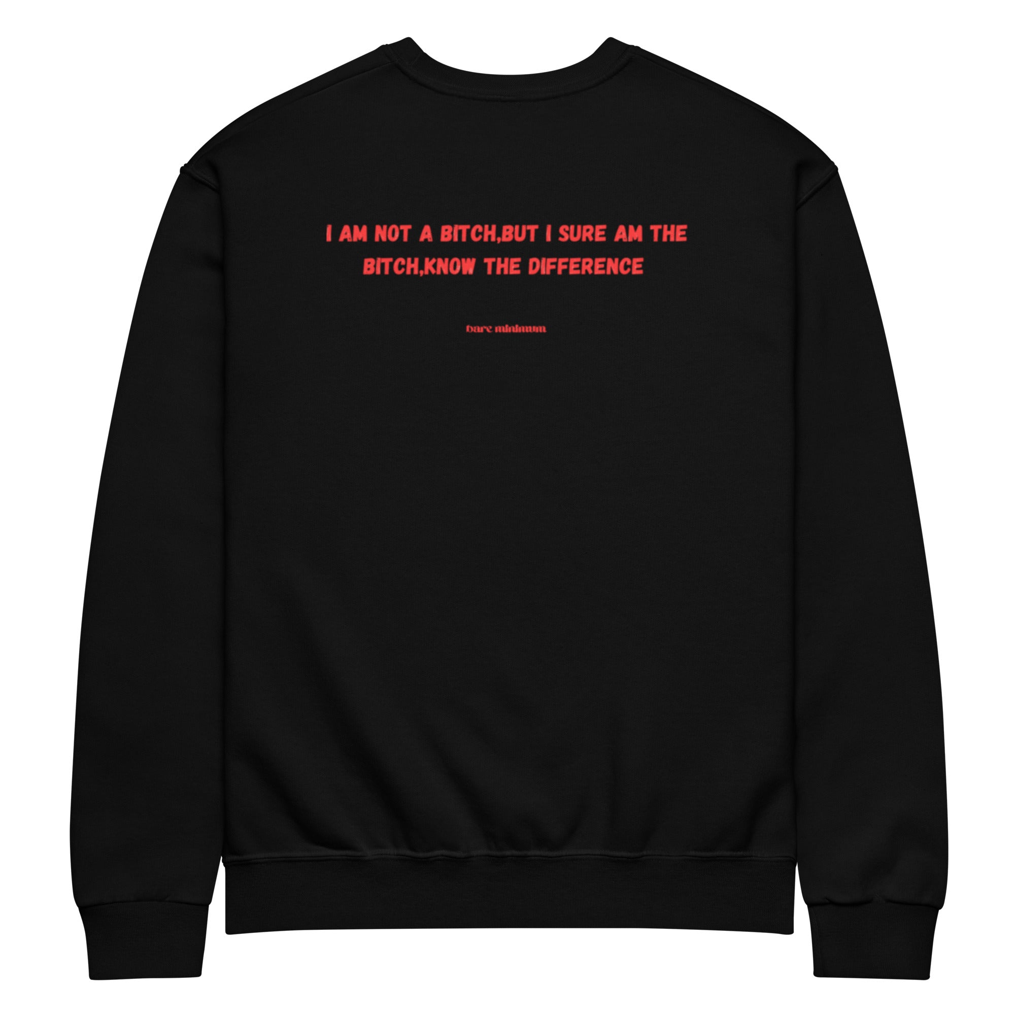 Black sweatshirt with red text on a white background