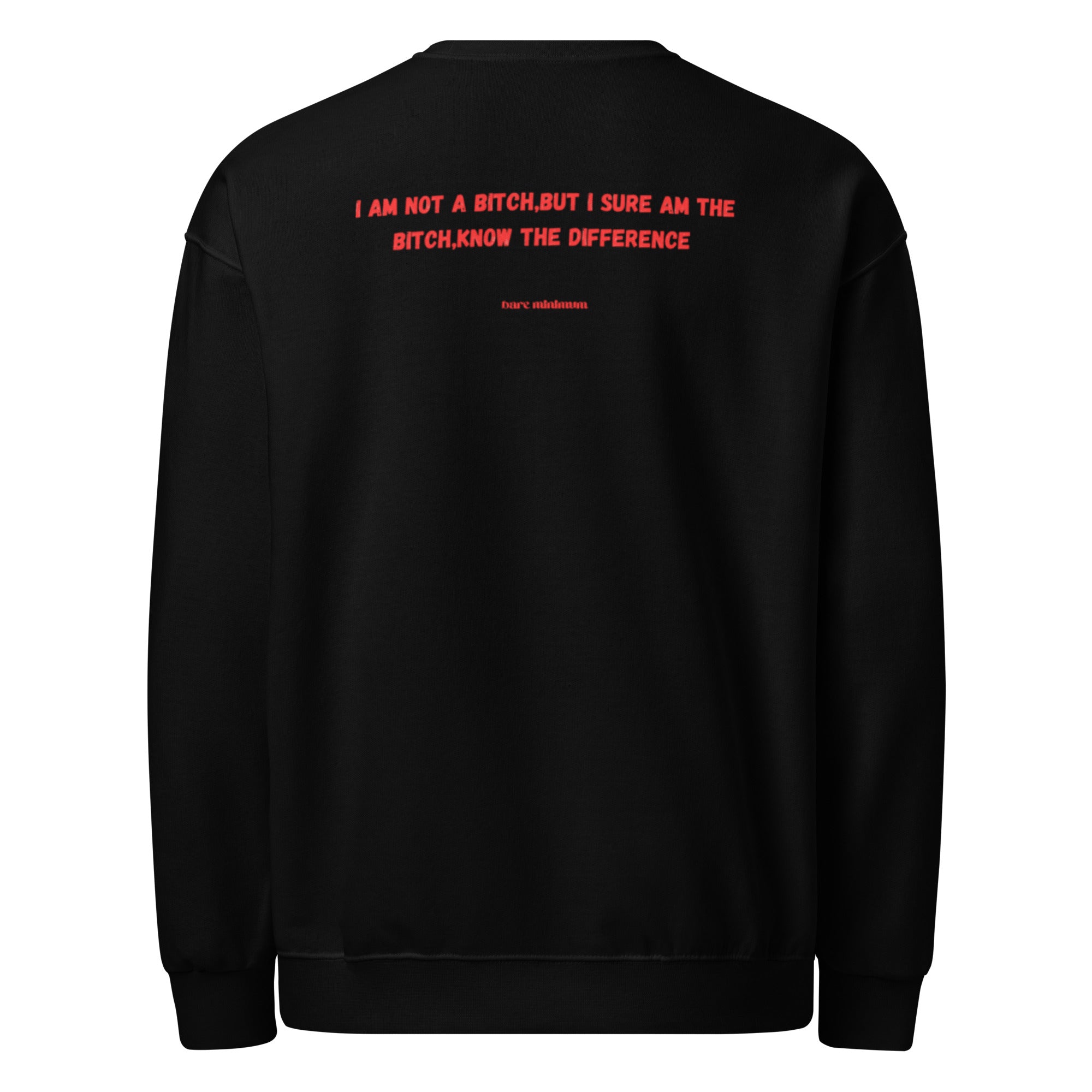 Black sweatshirt with red text on the back against a white background