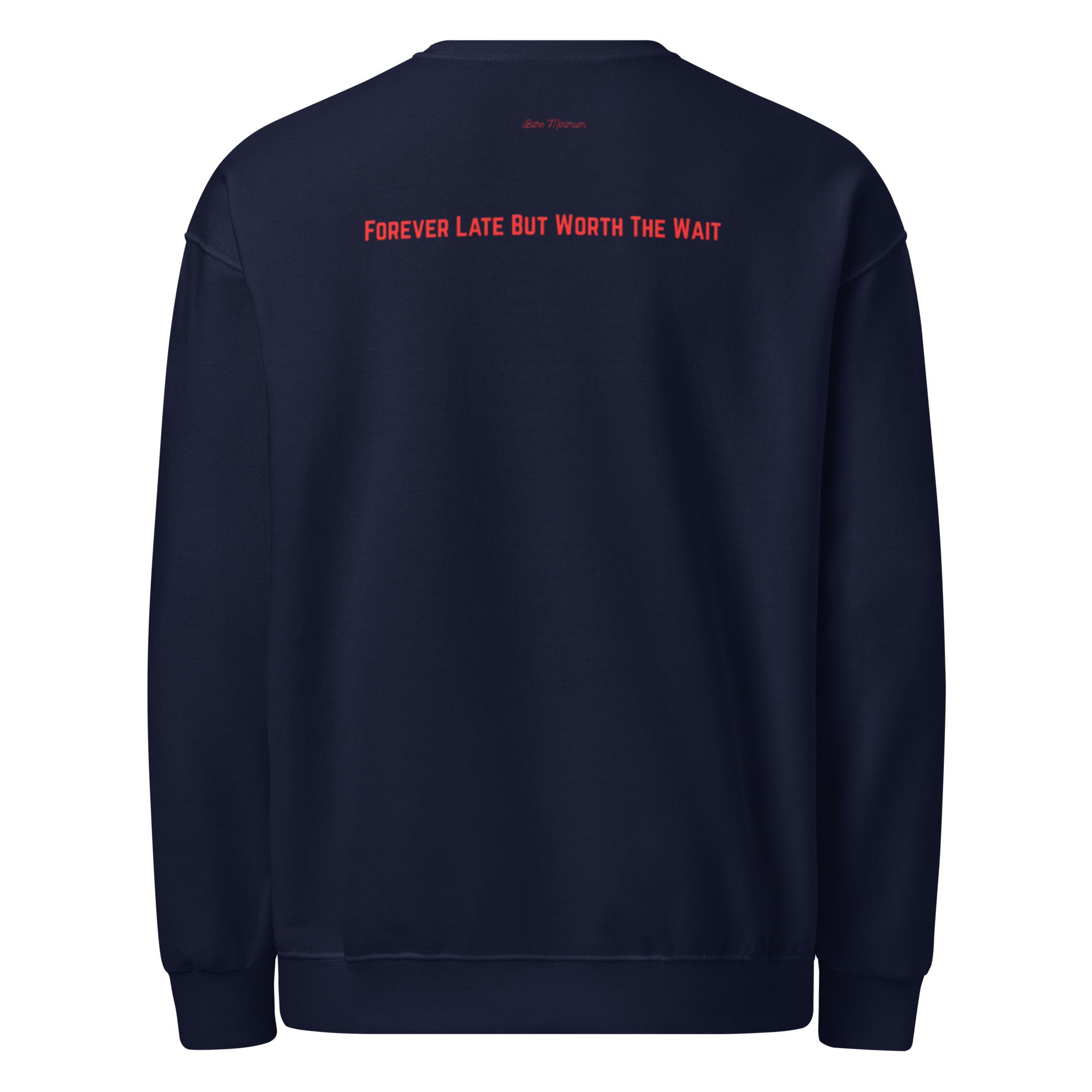 Navy blue sweatshirt with red text on the back against a white background