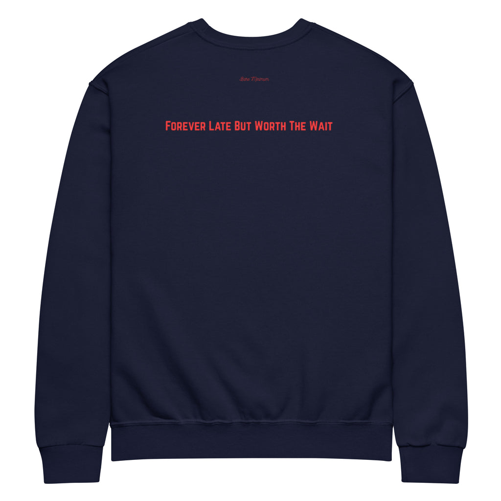 Navy blue sweatshirt with red text on a white background