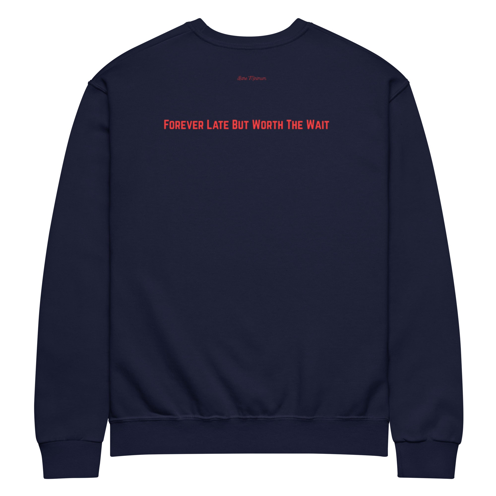 Navy blue sweatshirt with red text on a white background