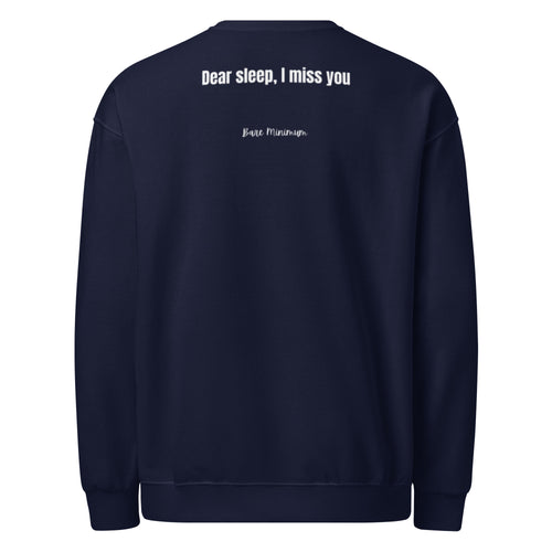 Navy blue sweatshirt with text on the back against a white background
