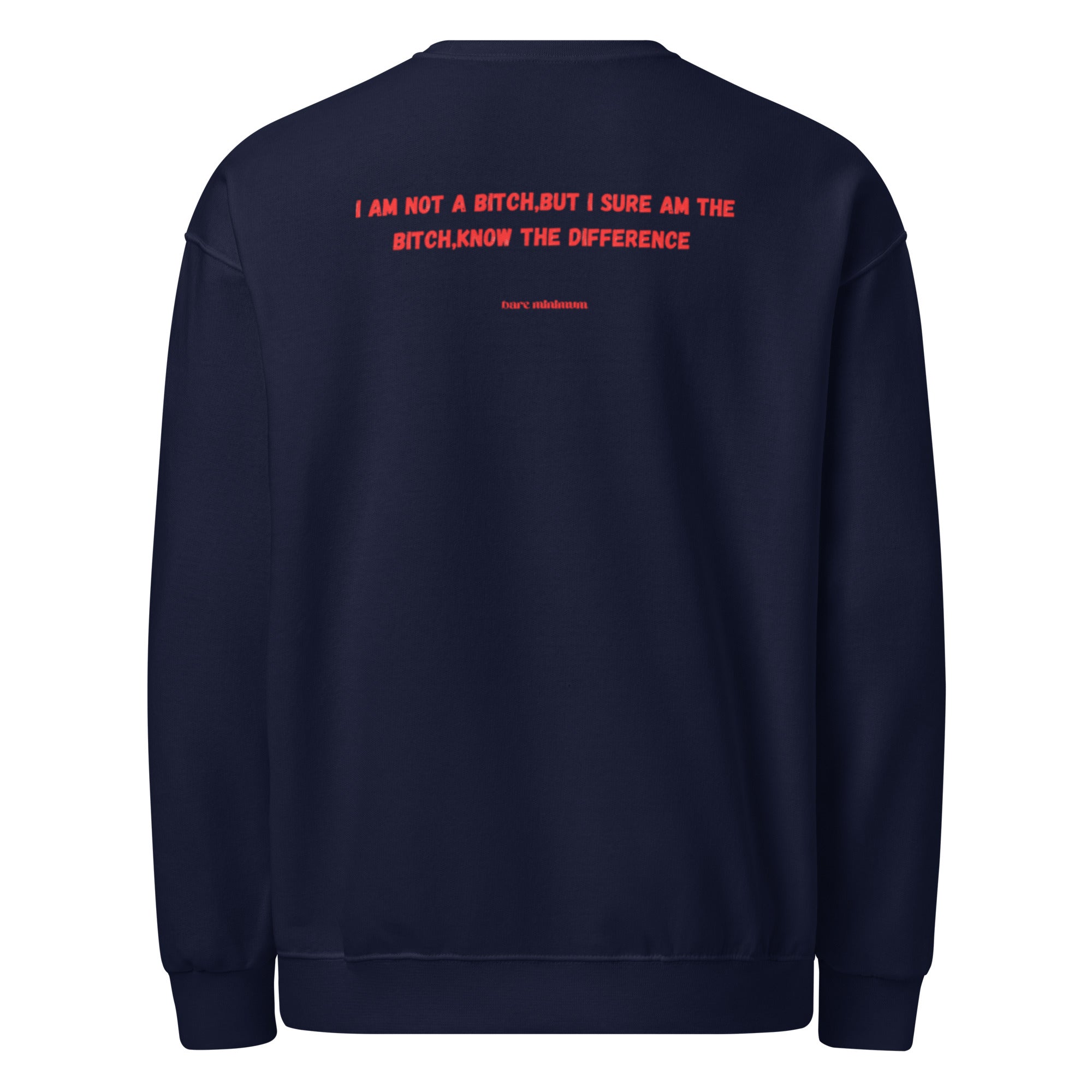 Navy blue sweatshirt with red text on the back against a white background