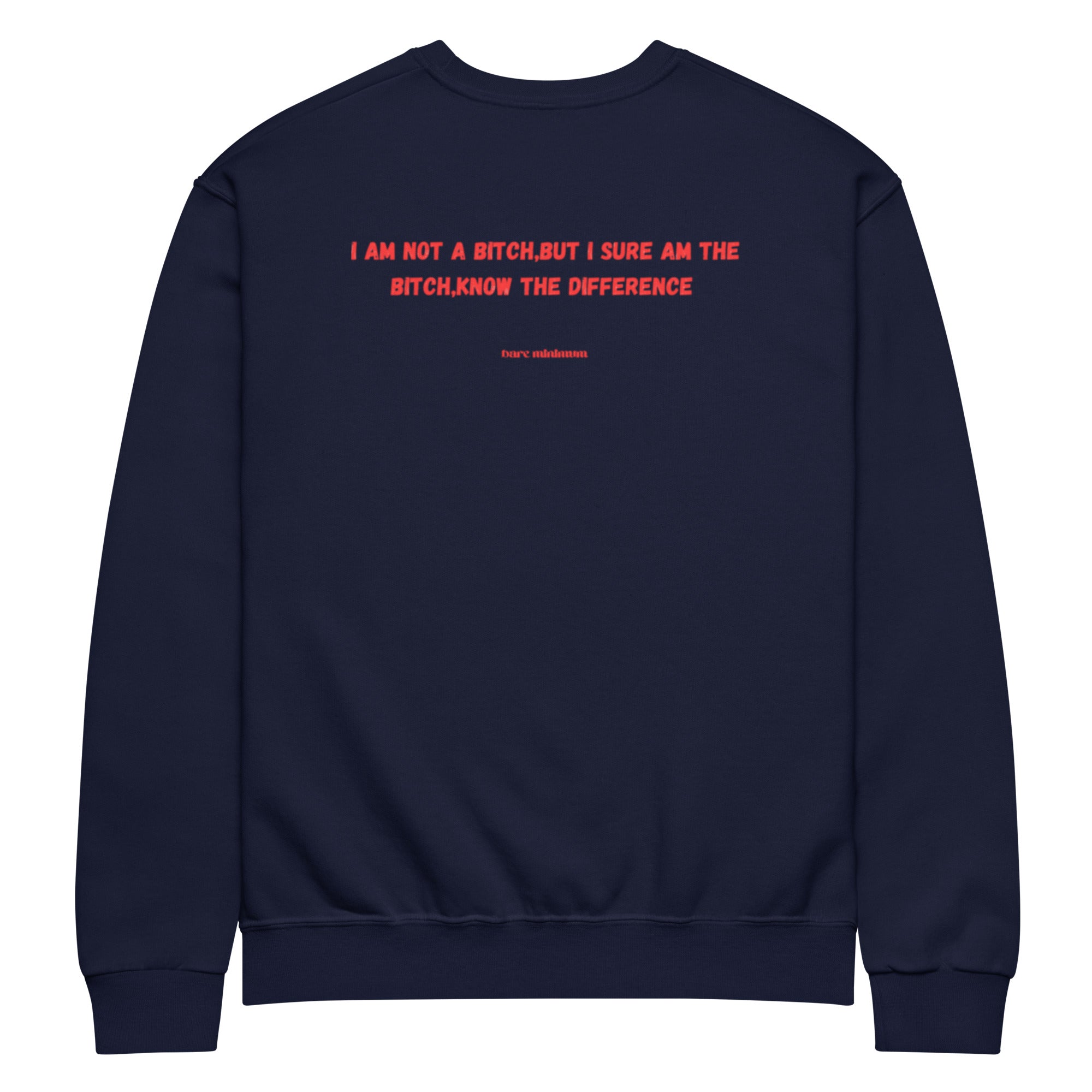 Navy blue sweatshirt with red text on a white background