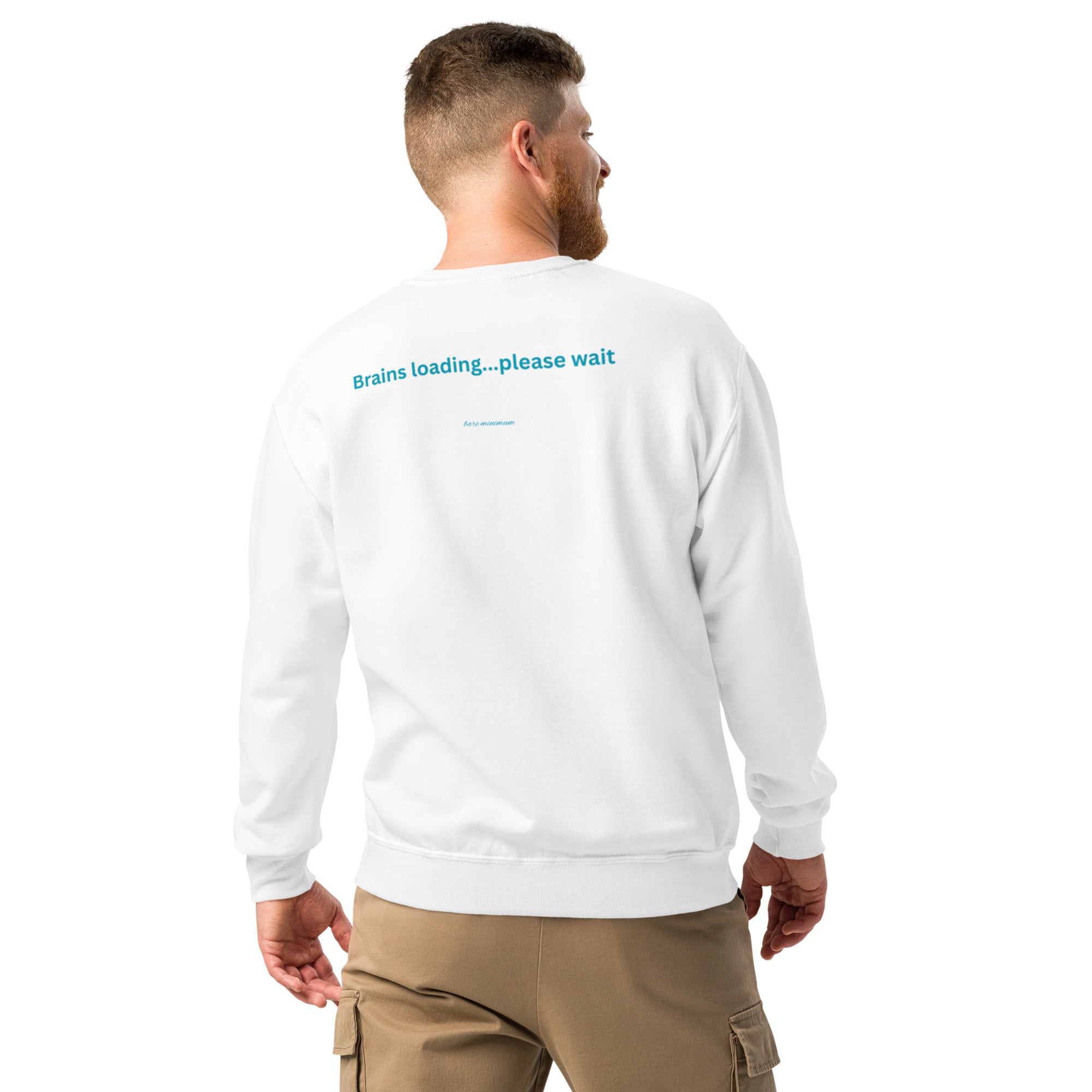 Man wearing a white sweatshirt with text on the back, standing against a white background