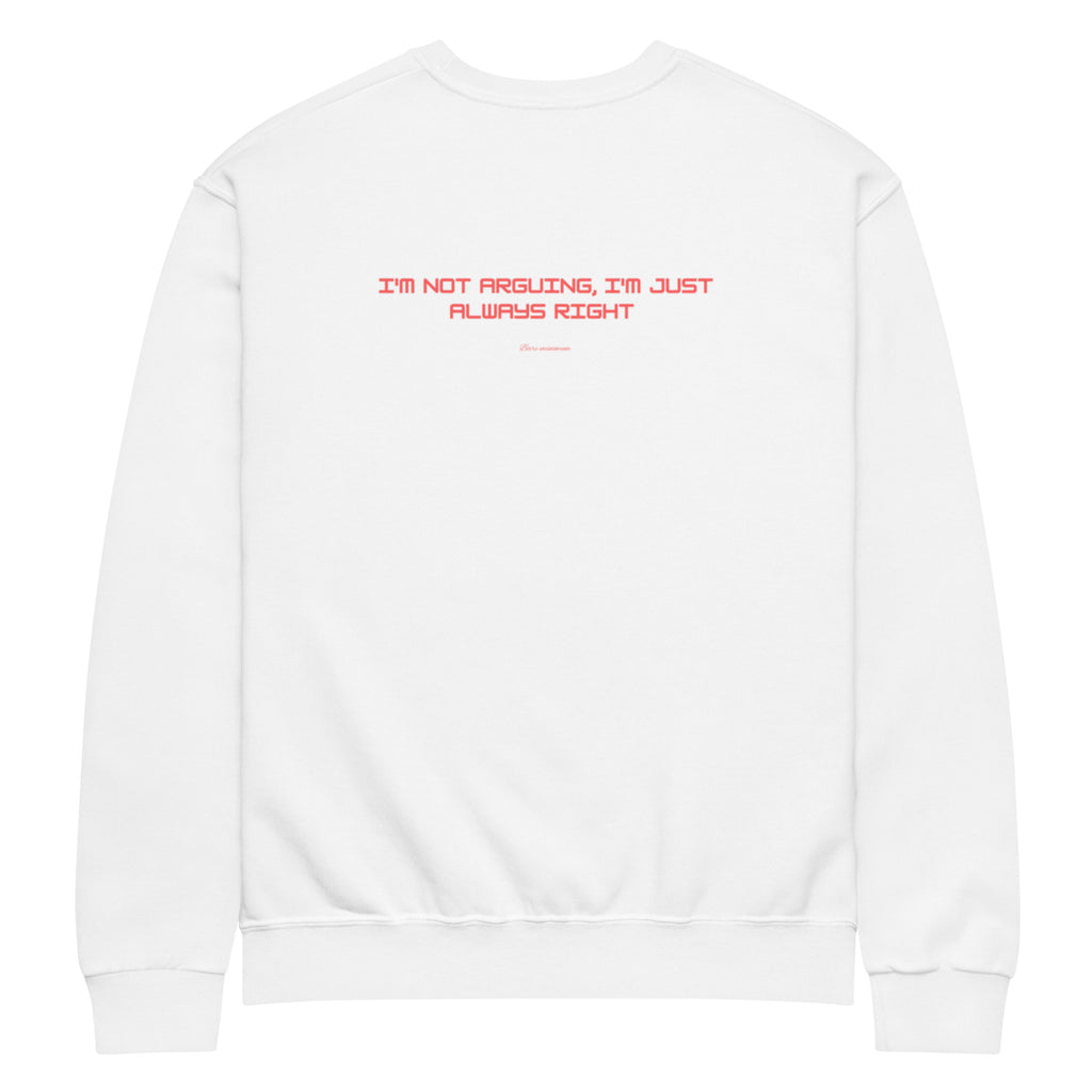 White sweatshirt with red text on the back on a white background