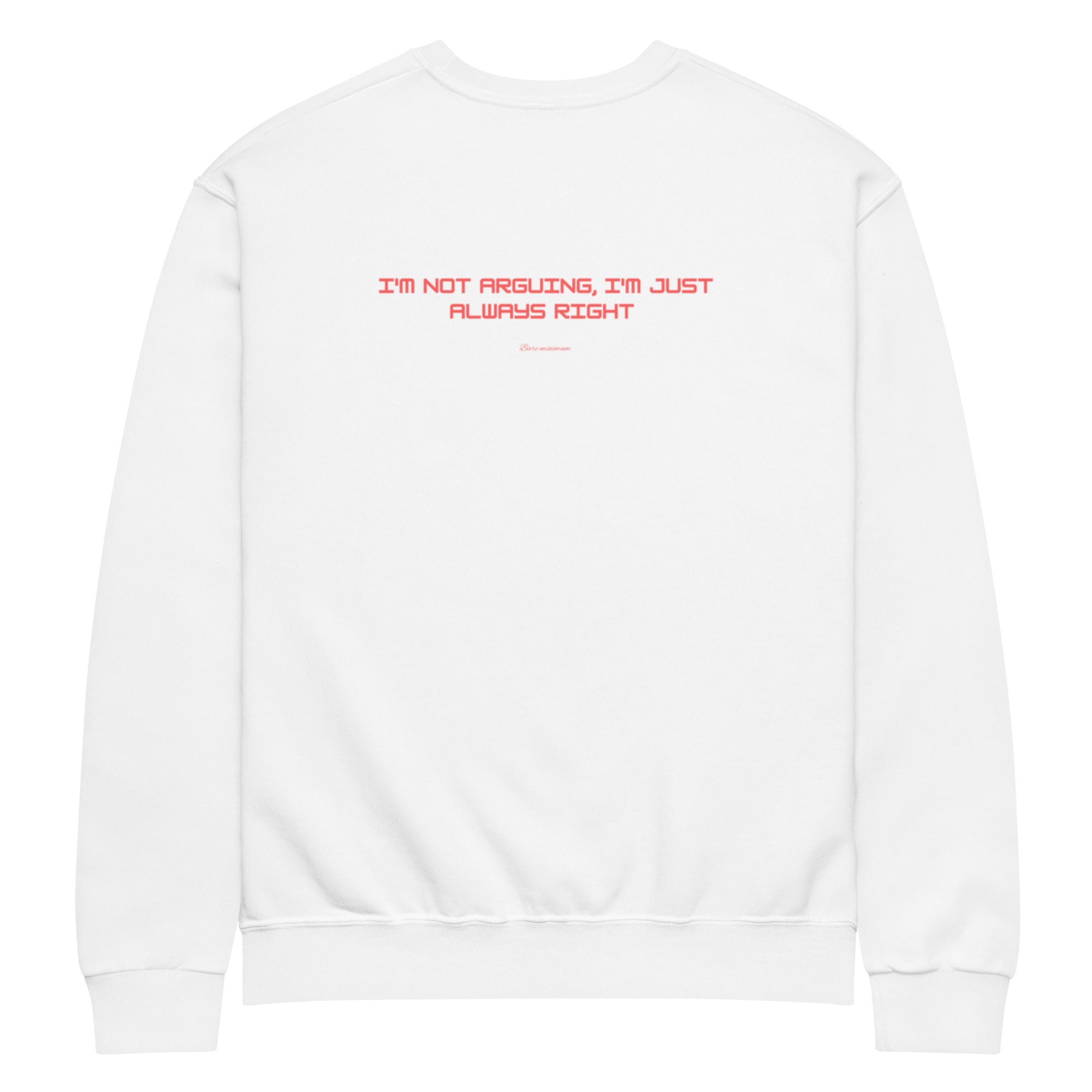White sweatshirt with red text on the back on a white background
