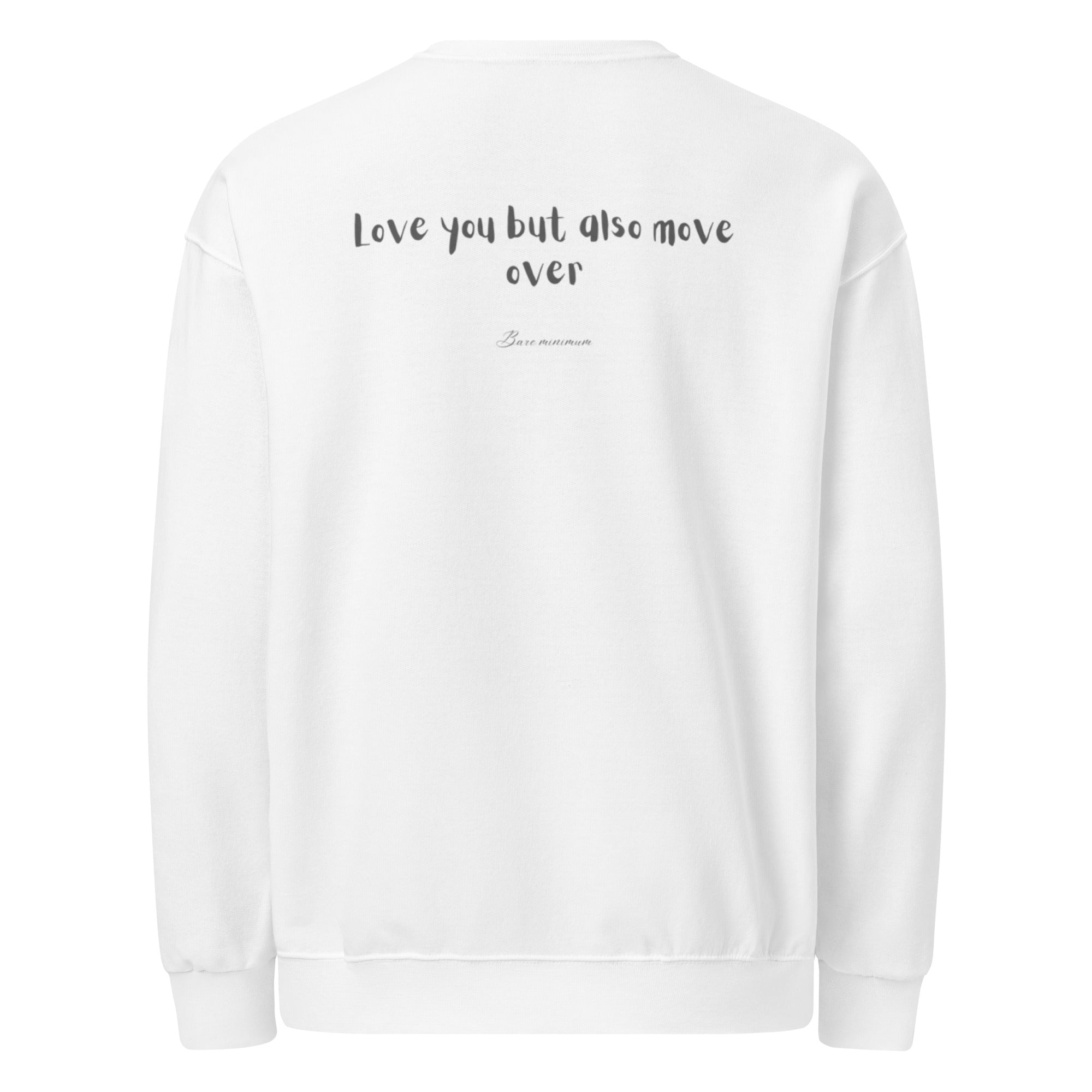White sweatshirt with text on the back against a white background