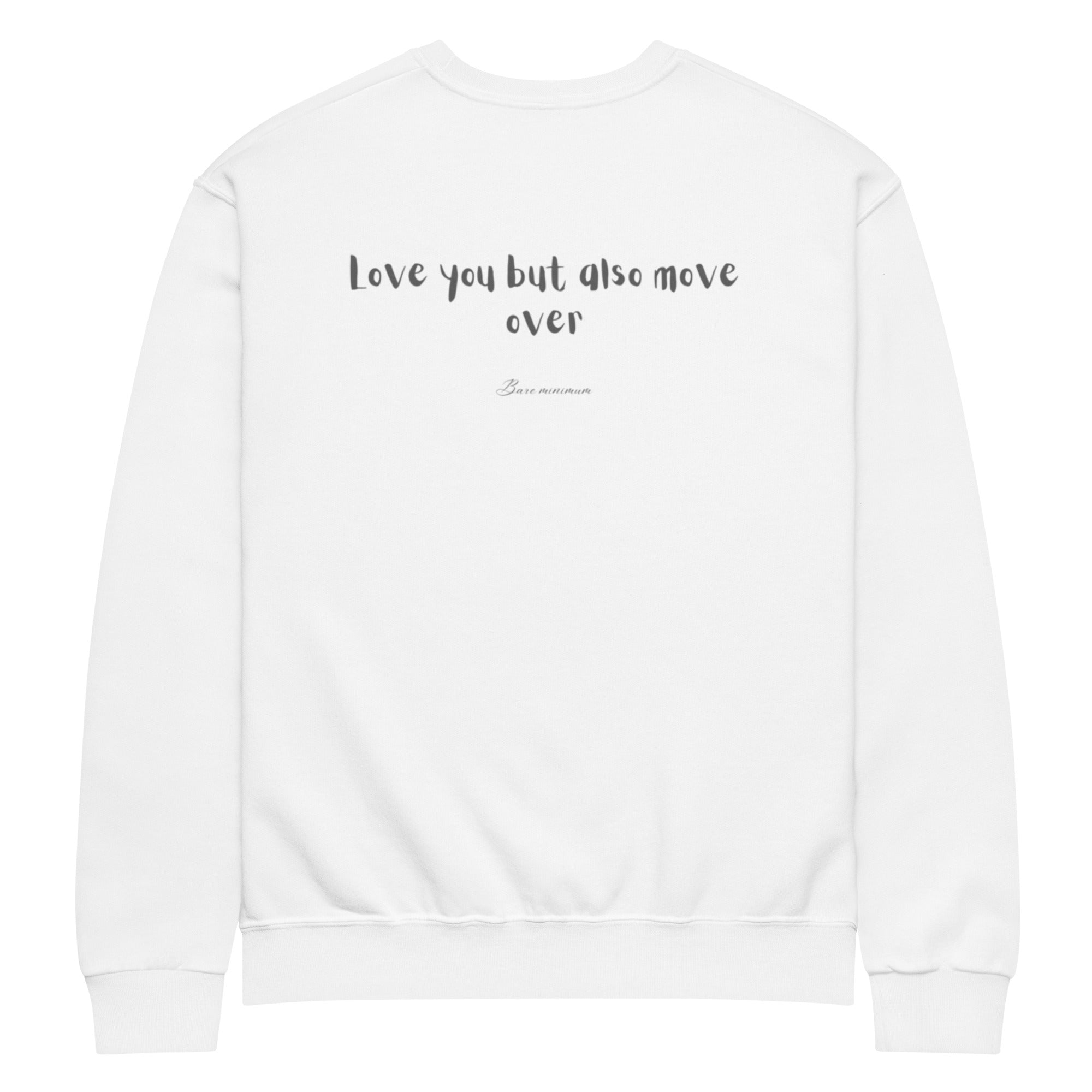White sweatshirt with text on a white background