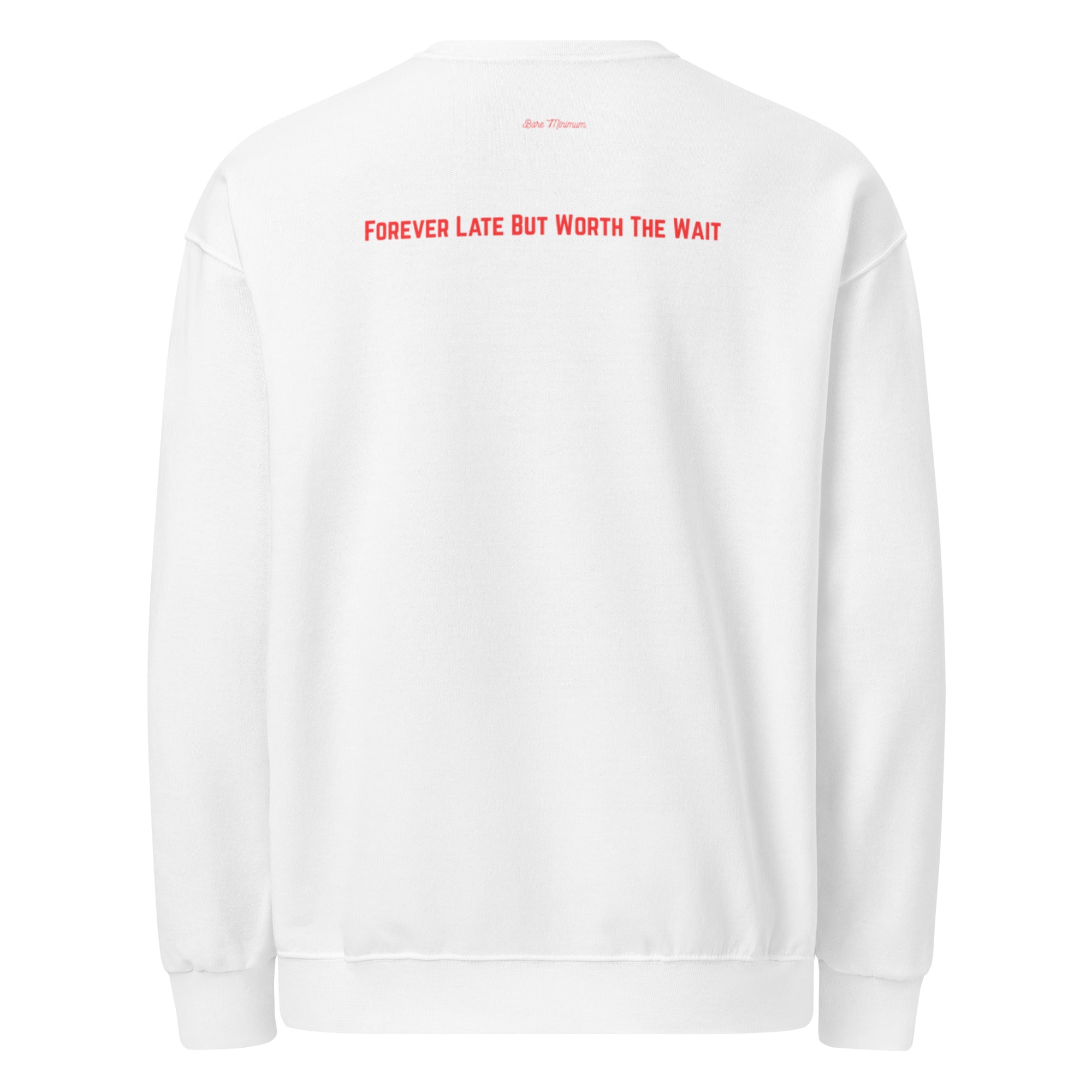 White sweatshirt with red text on the back against a white background