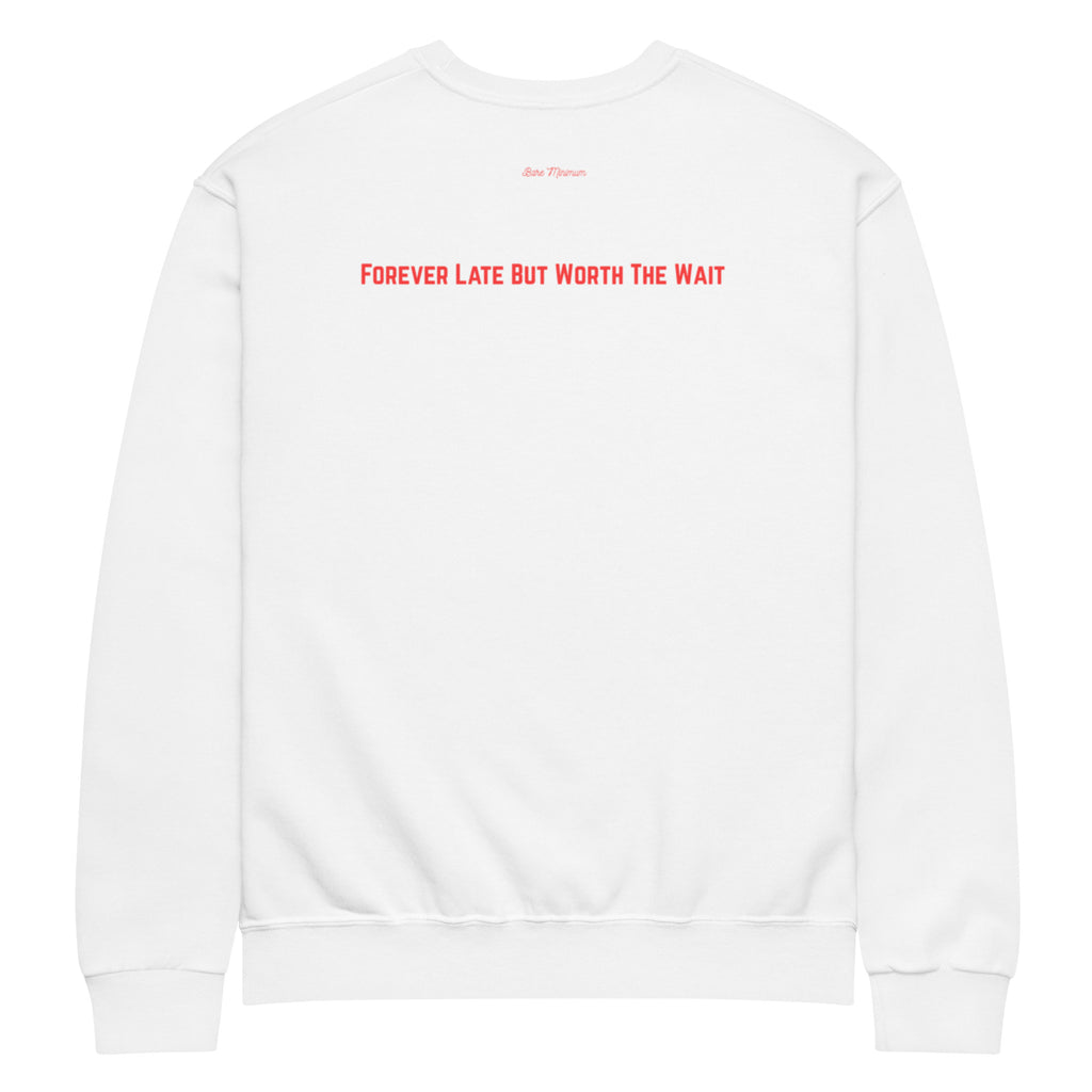 White sweatshirt with red text on a white background