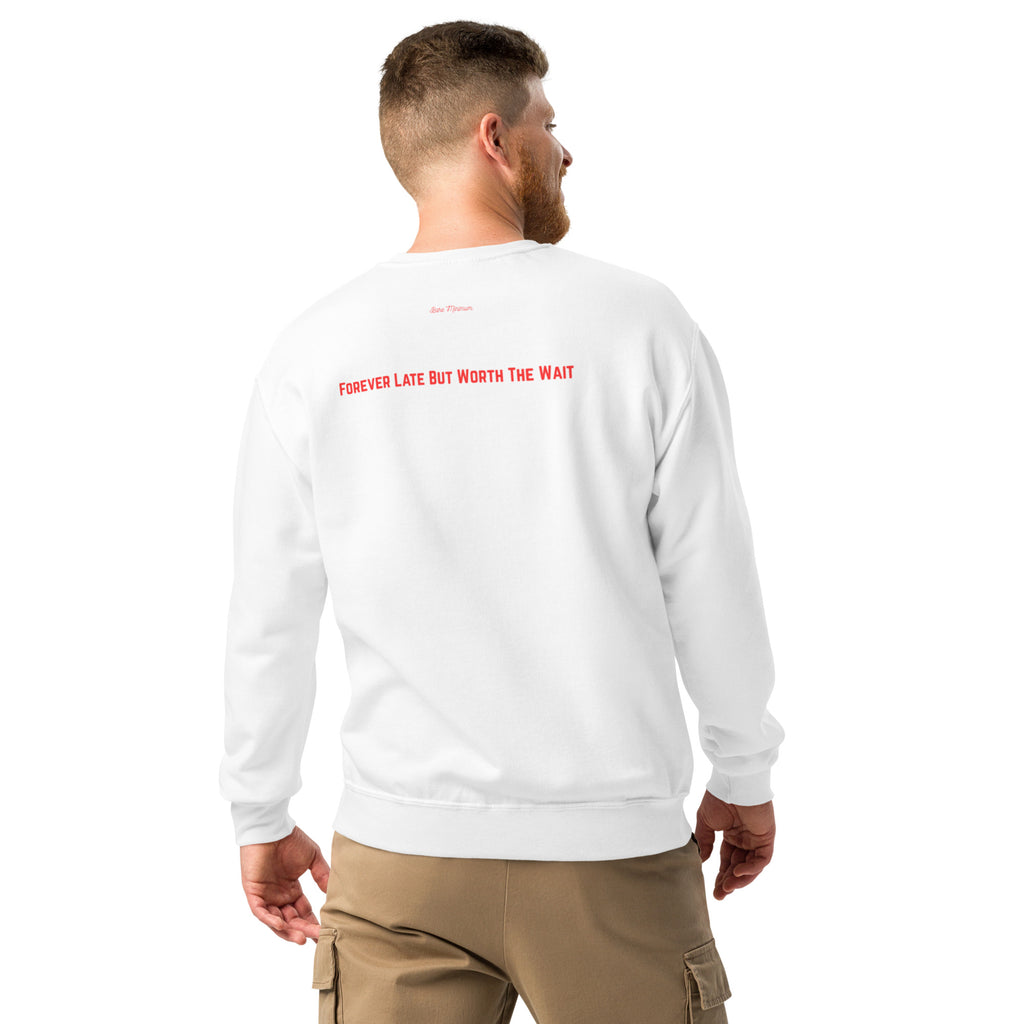 Man wearing a white sweatshirt with red text on the back, standing against a white background