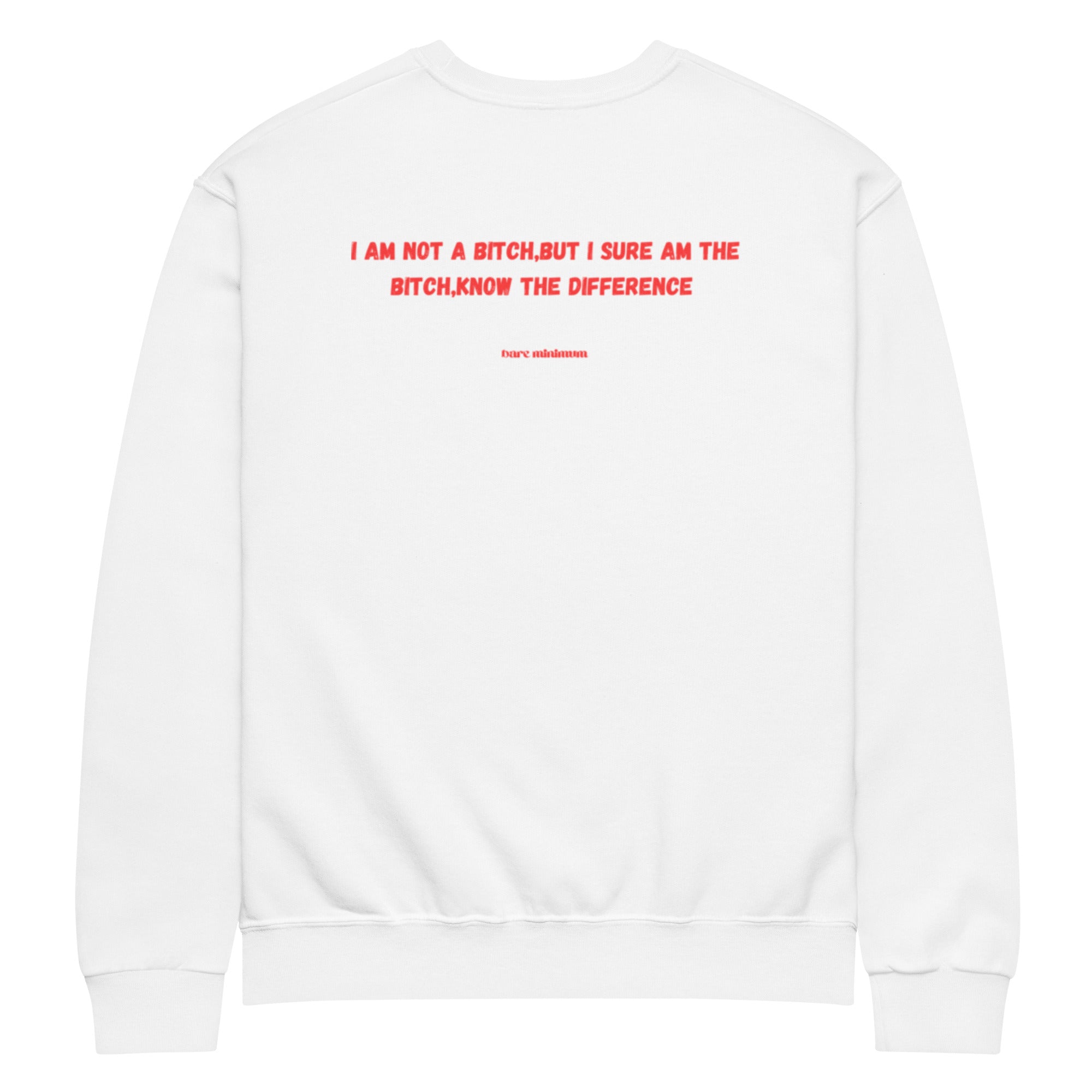 White sweatshirt with red text on the back on a white background