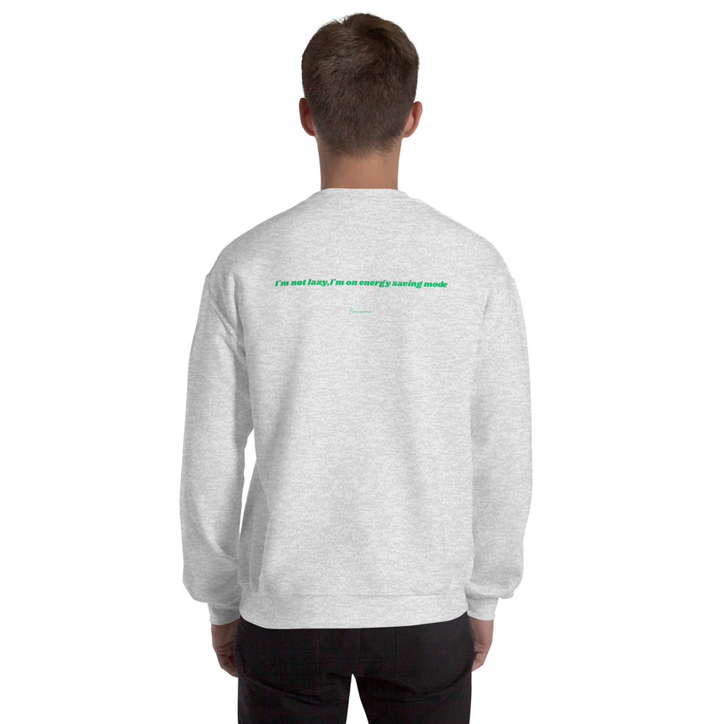 Person wearing a gray sweatshirt with 'sirtaz' logo on the back against a white background