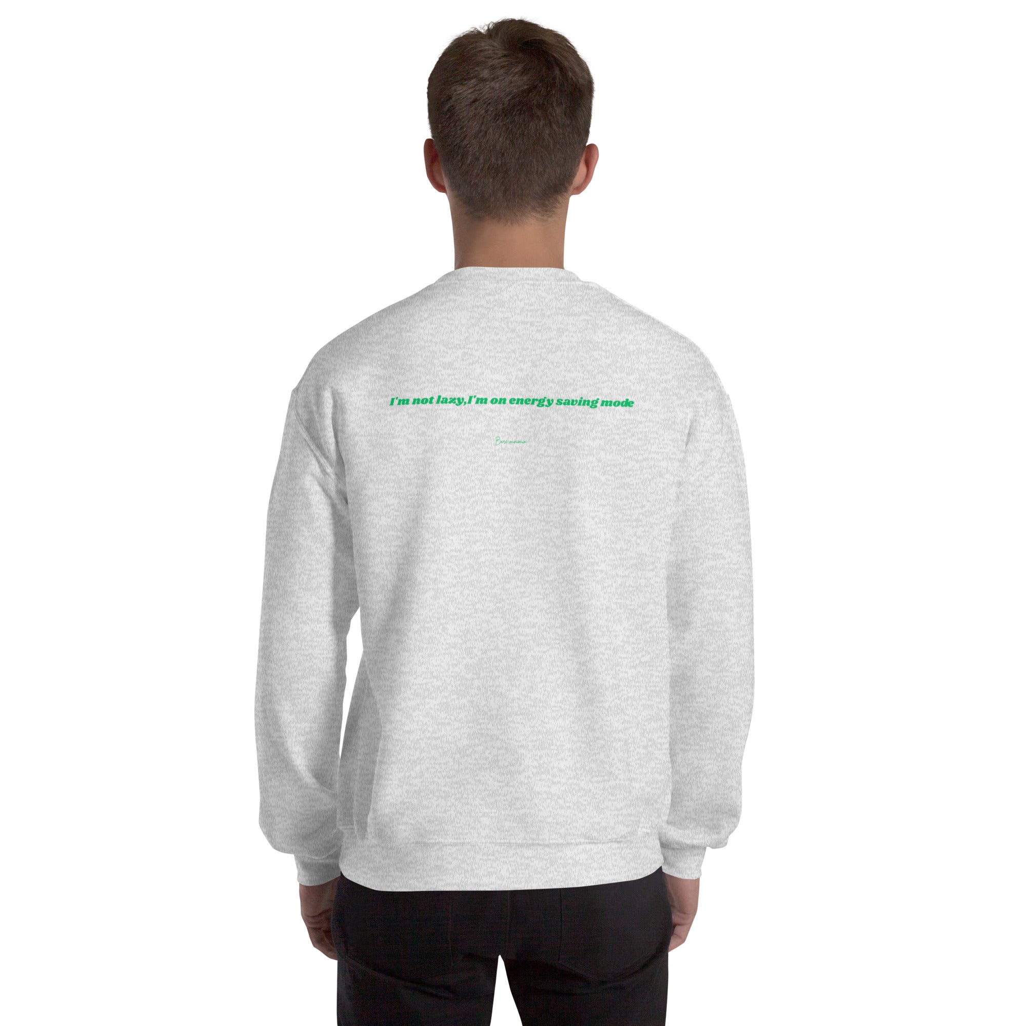 Person wearing a gray sweatshirt with 'sirtaz' logo on the back against a white background