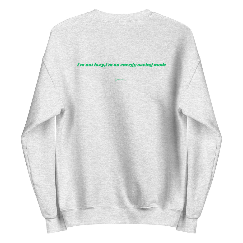 Gray sweatshirt with green text on the back against a white background