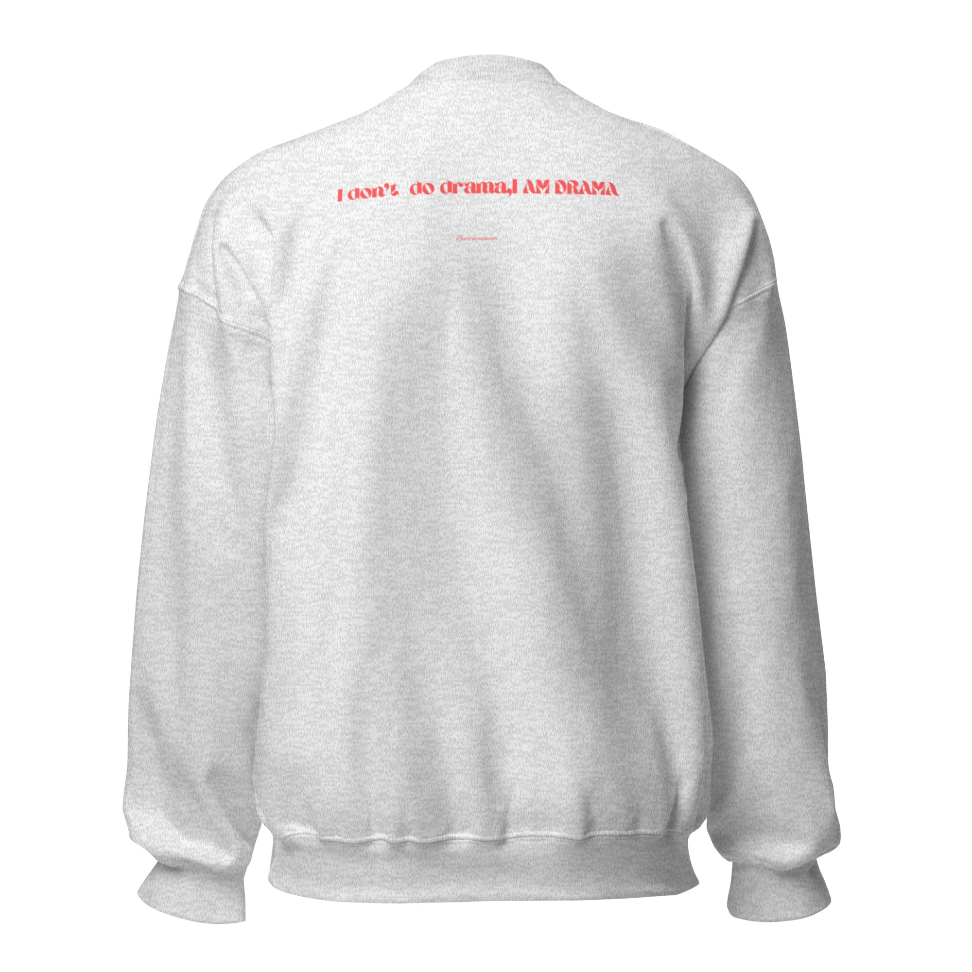 Gray sweatshirt with red text on the back against a white background