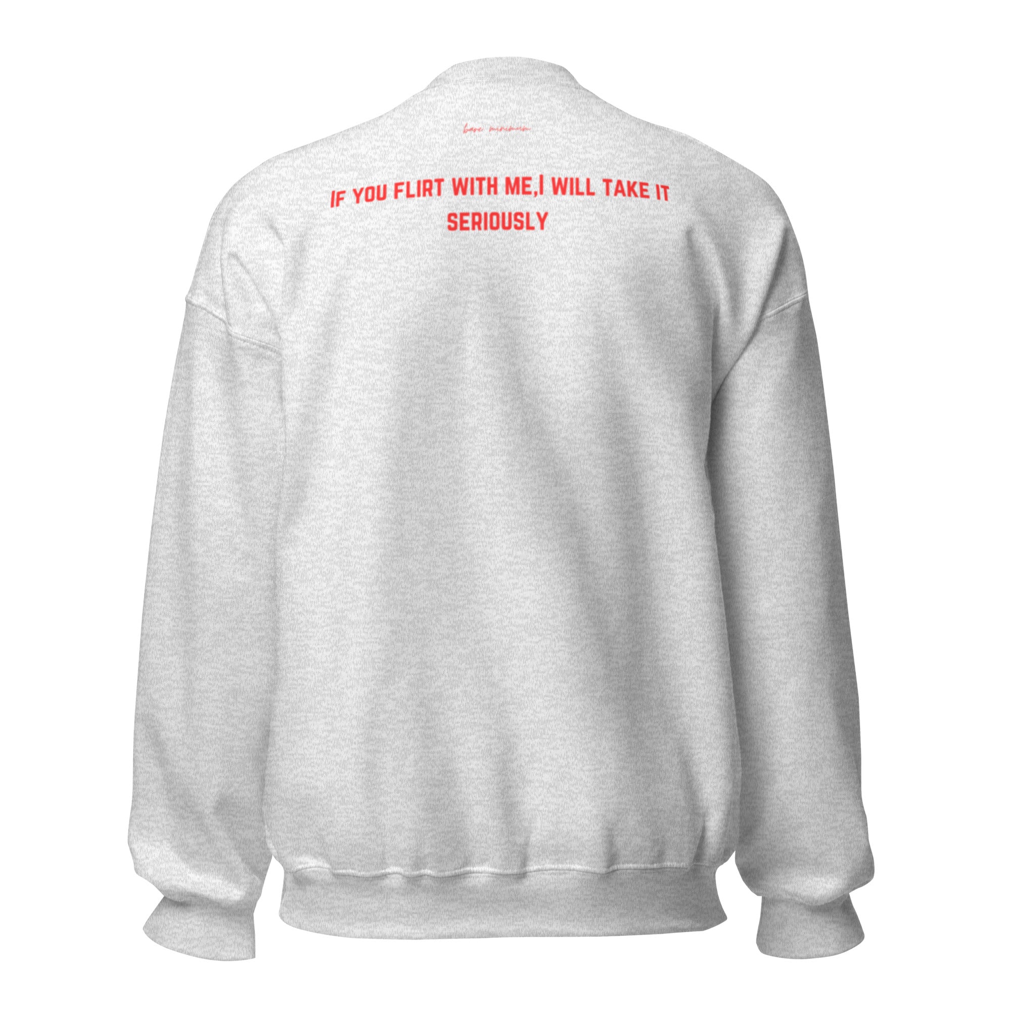 Gray sweatshirt with red text on the back on a white background