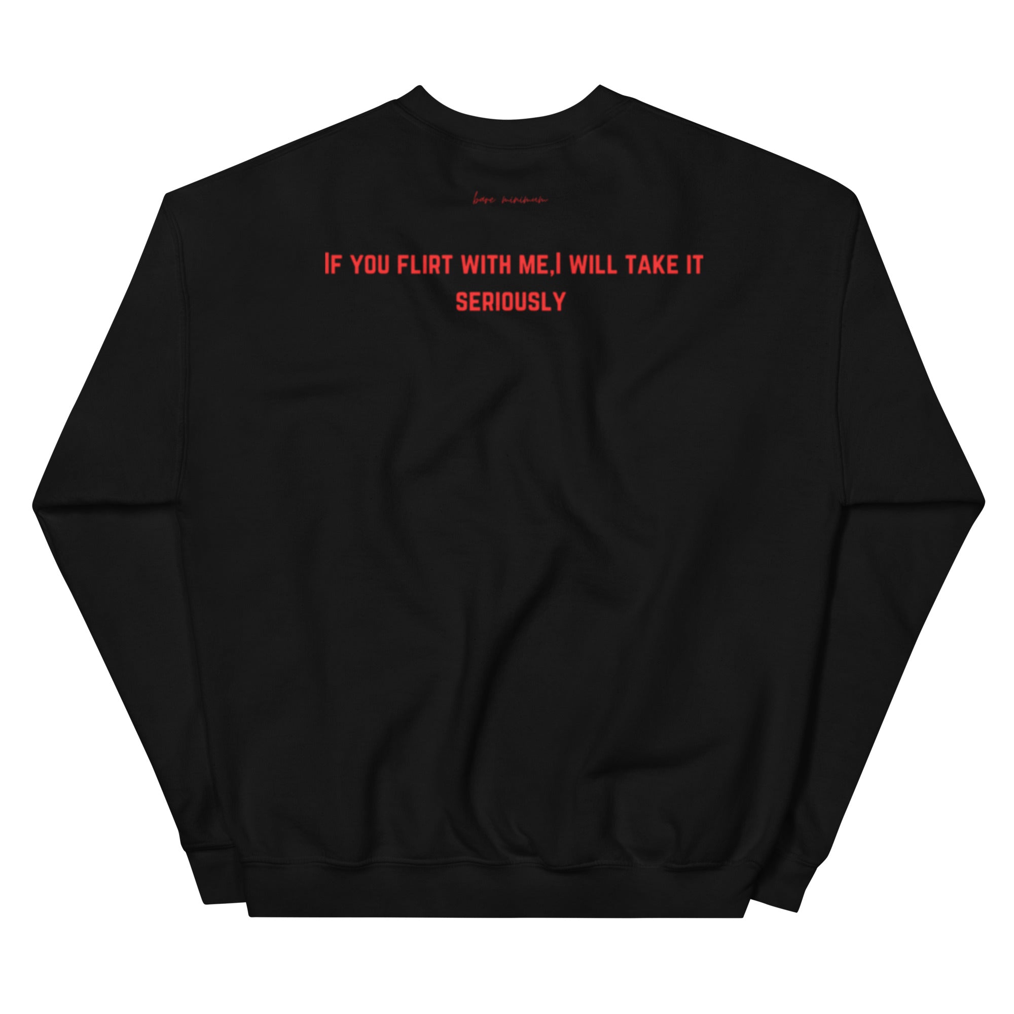 Black sweatshirt with red text on a white background