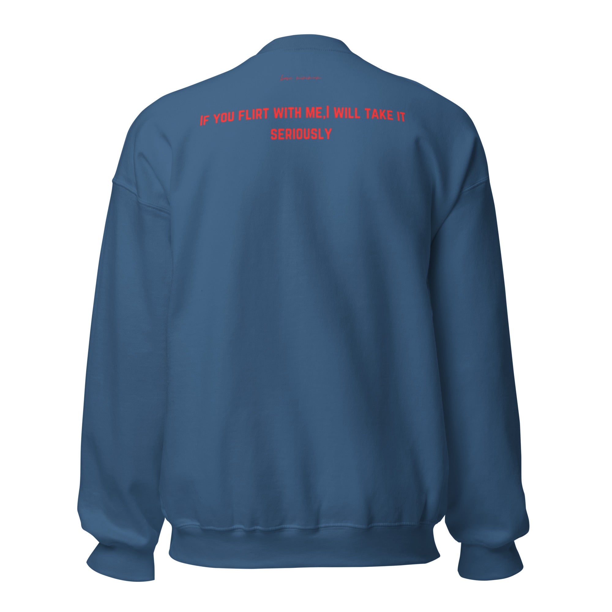 Blue sweatshirt with red text on the back against a white background