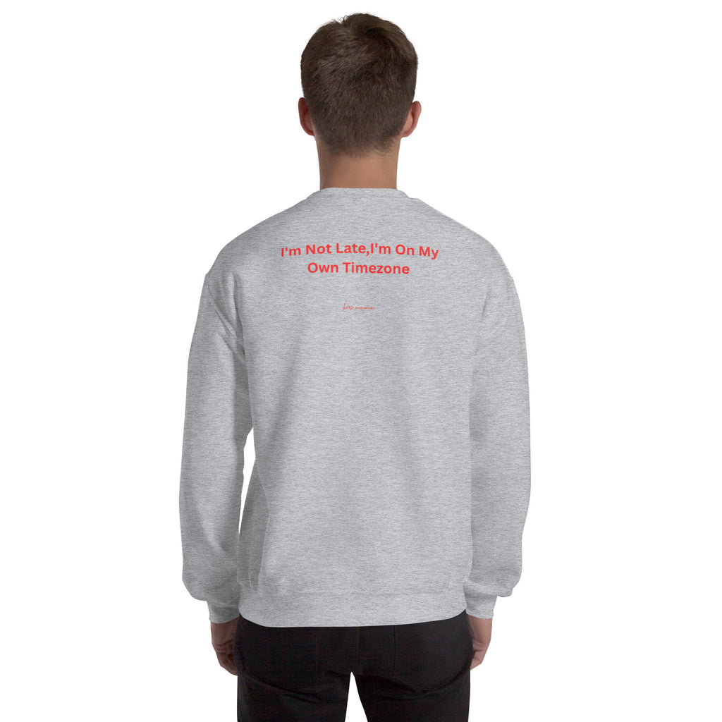 Person wearing a gray sweatshirt on a white background