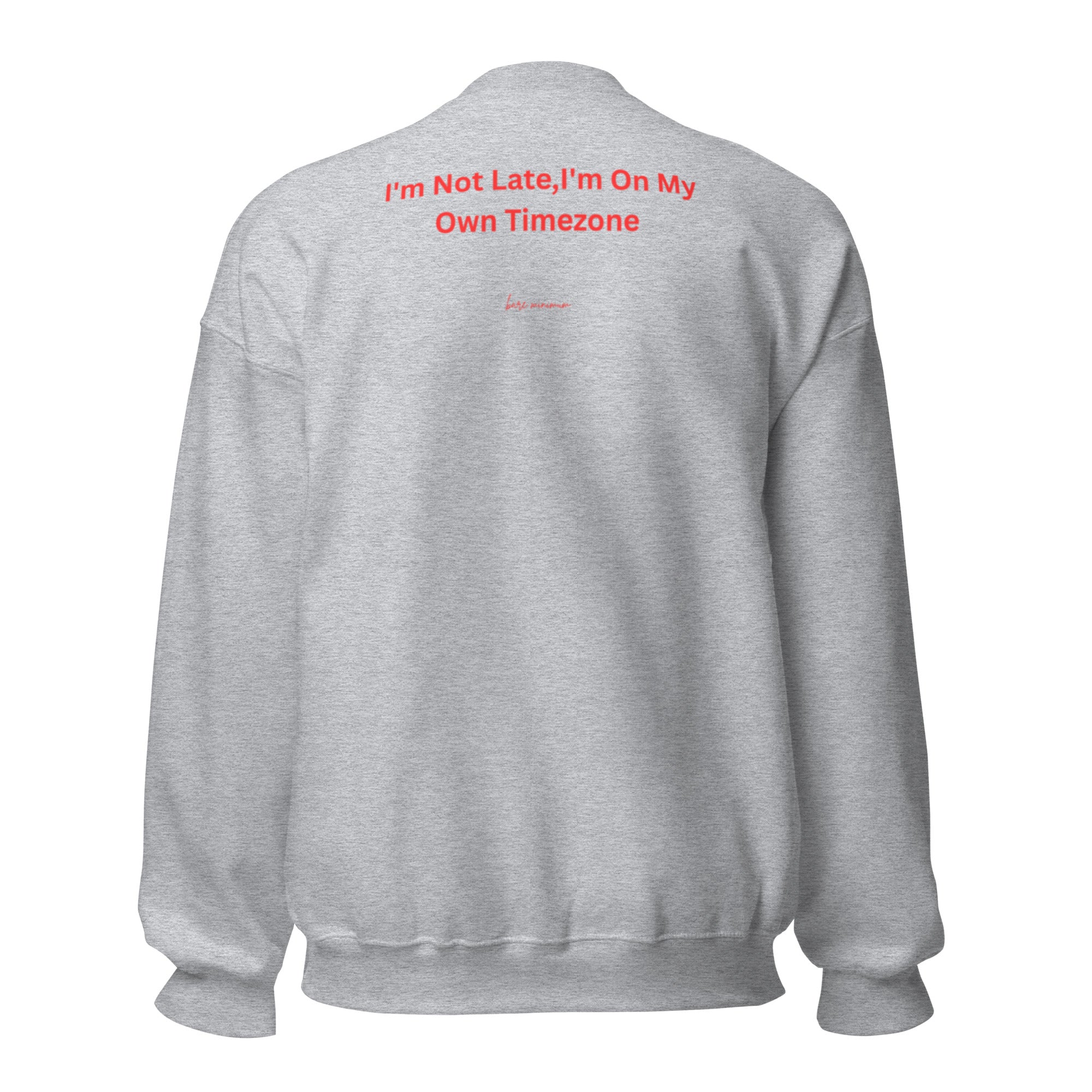 Gray sweatshirt with red text on the back on a white background