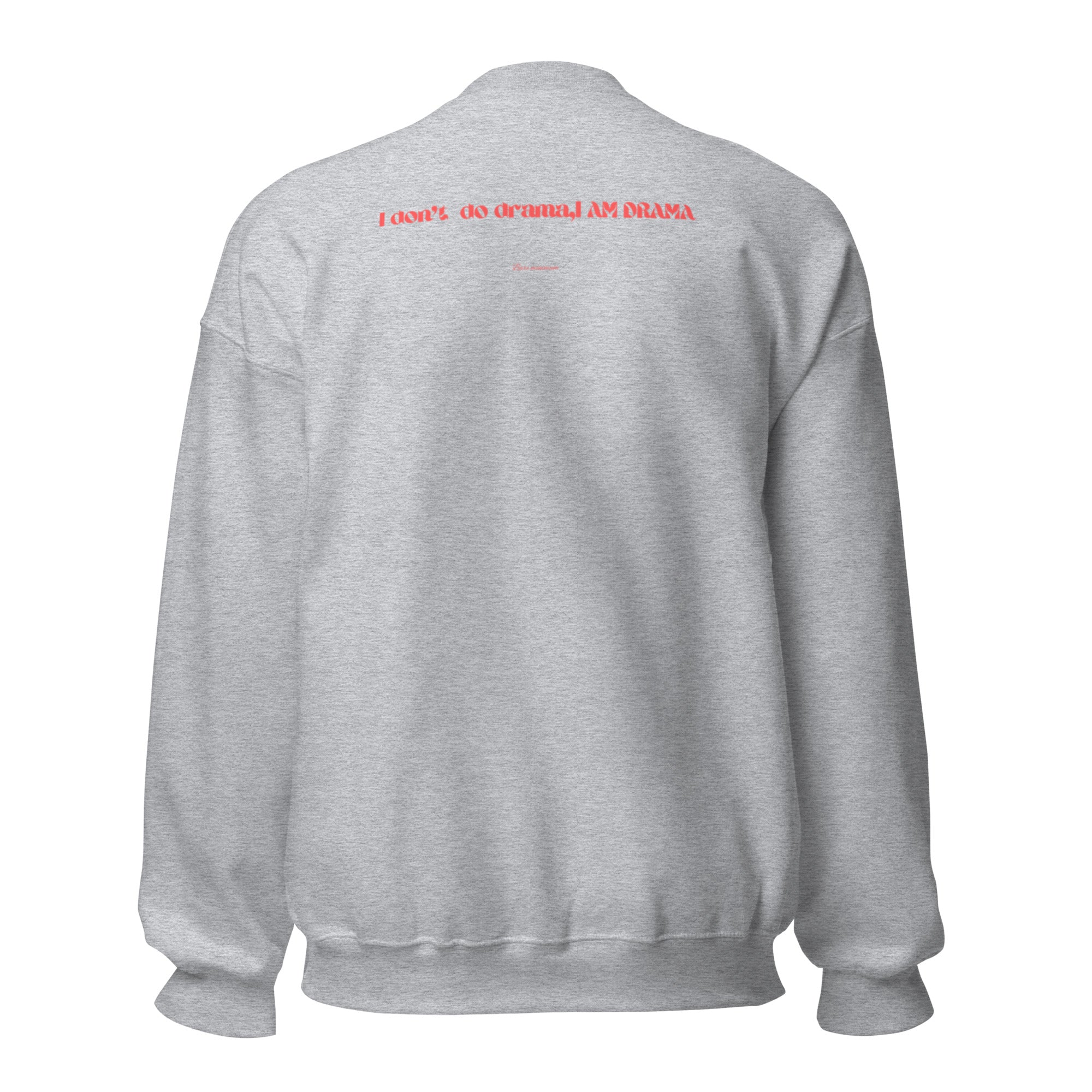 Gray sweatshirt with red text on the back against a white background