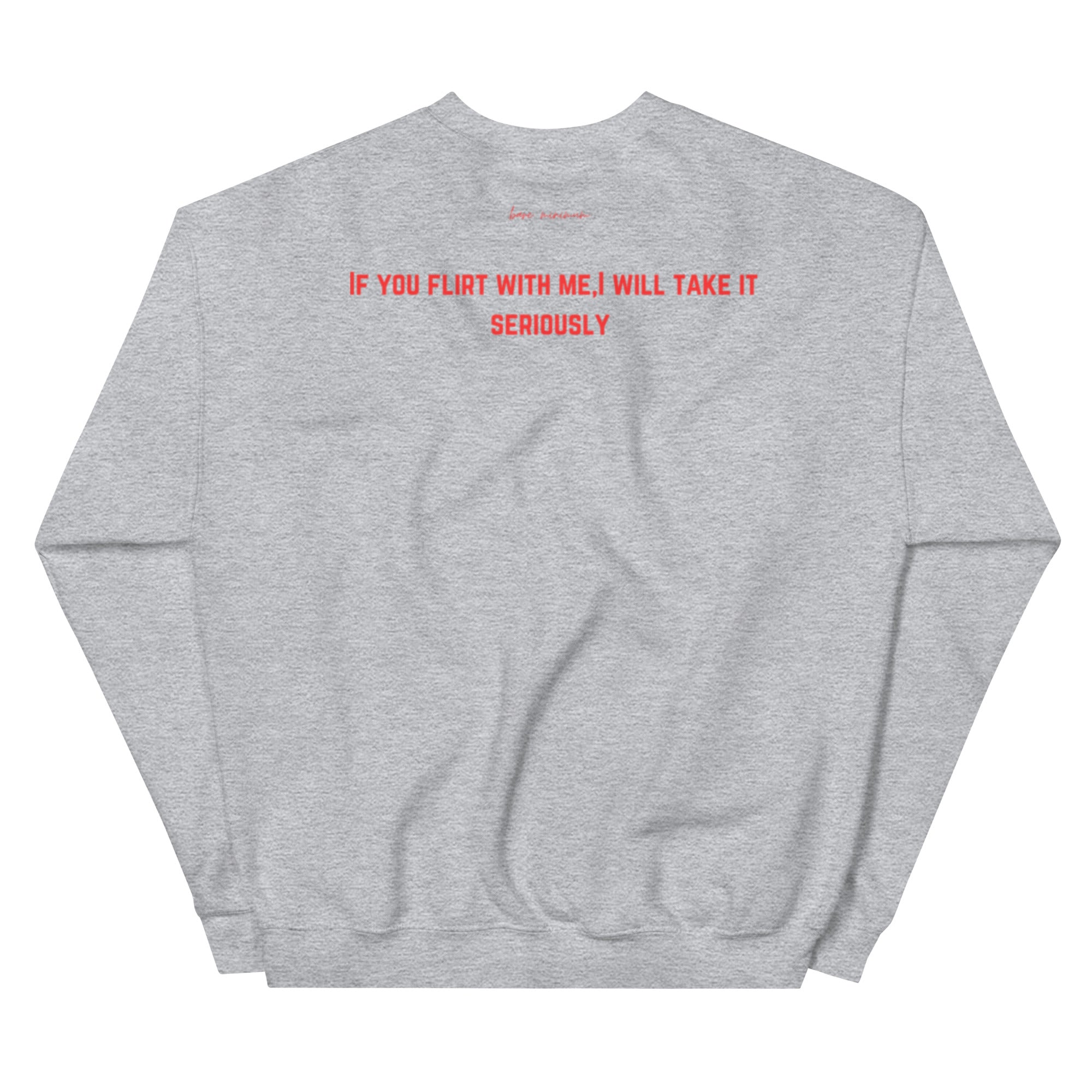 Gray sweatshirt with red text on the back on a white background