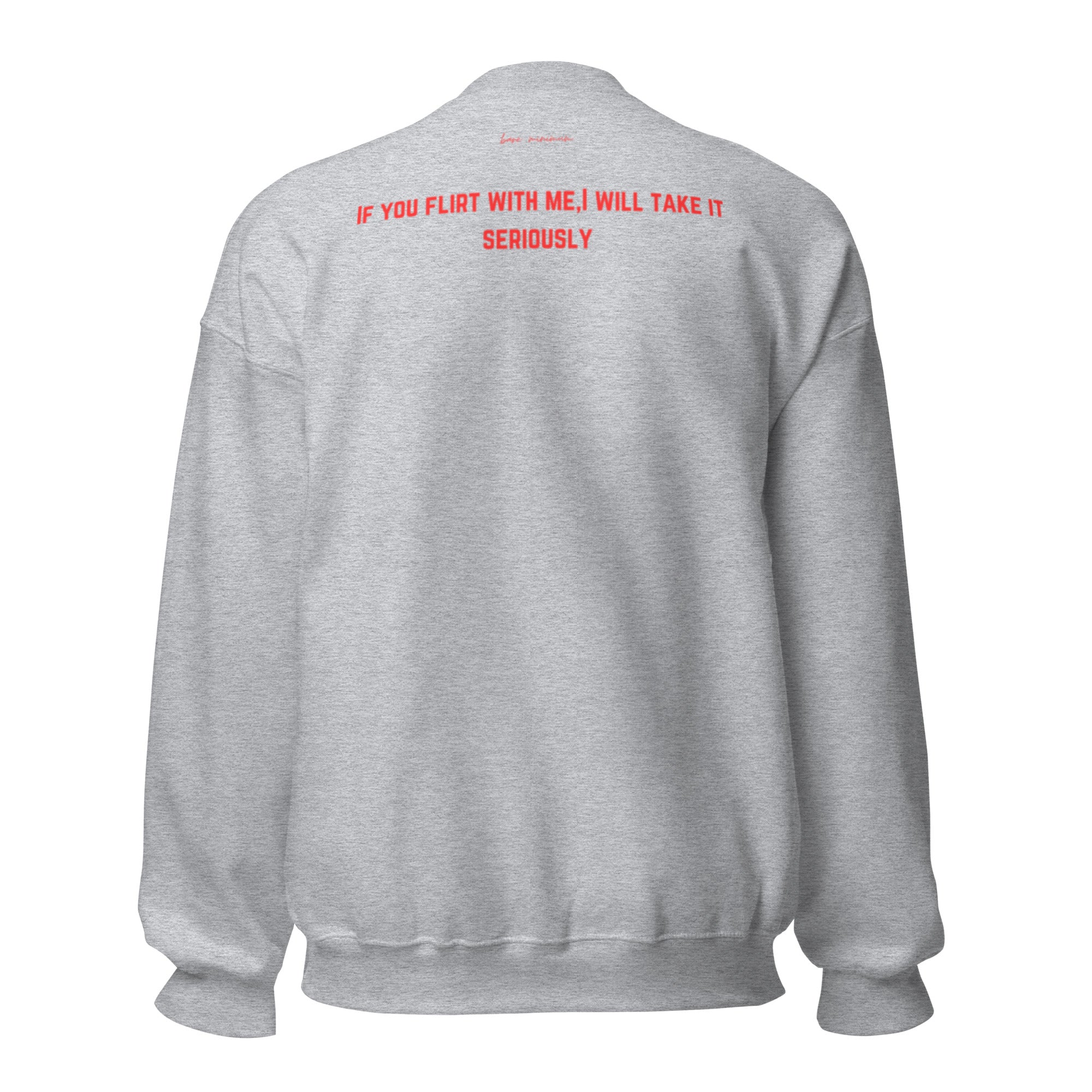 Gray sweatshirt with red text on the back on a white background