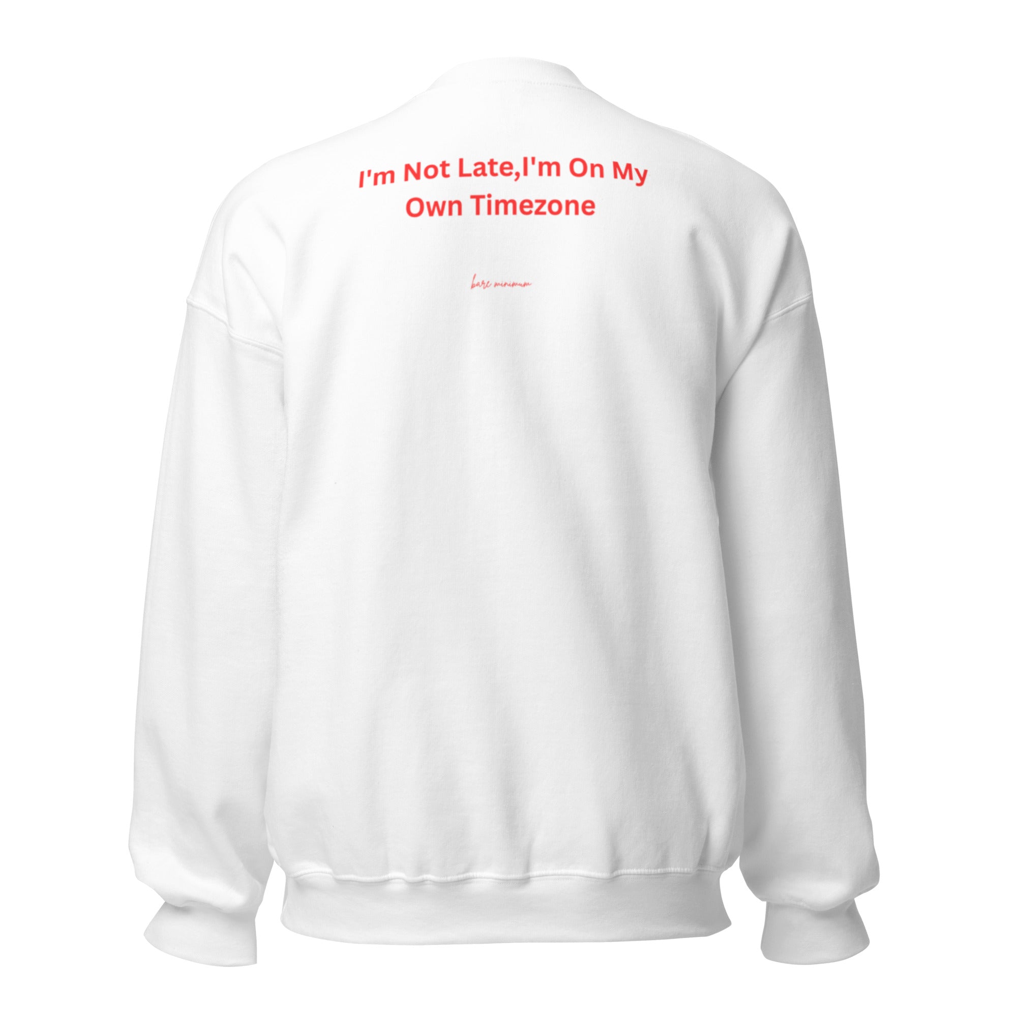 White sweatshirt with red text on the back on a white background