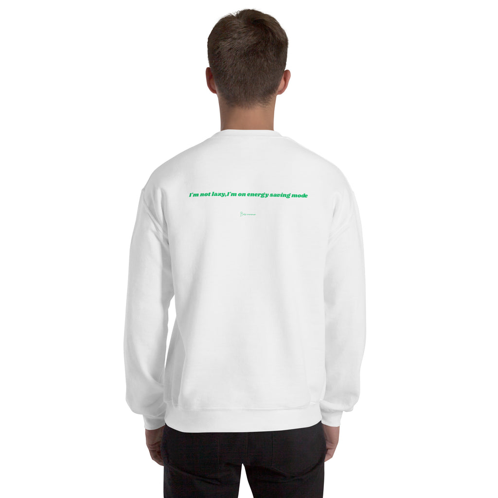 Person wearing a white sweatshirt with text on the back against a white background