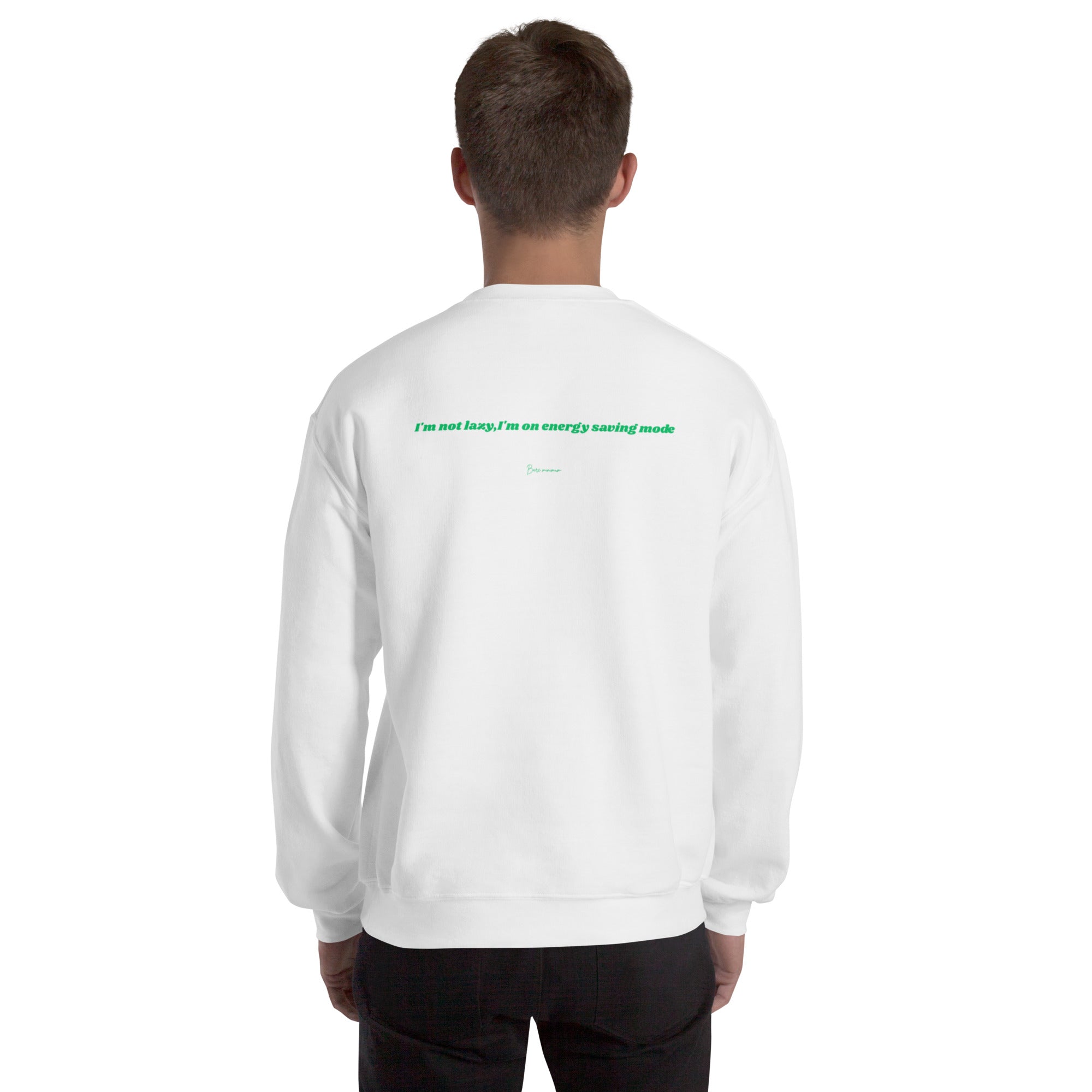 Person wearing a white sweatshirt with text on the back against a white background