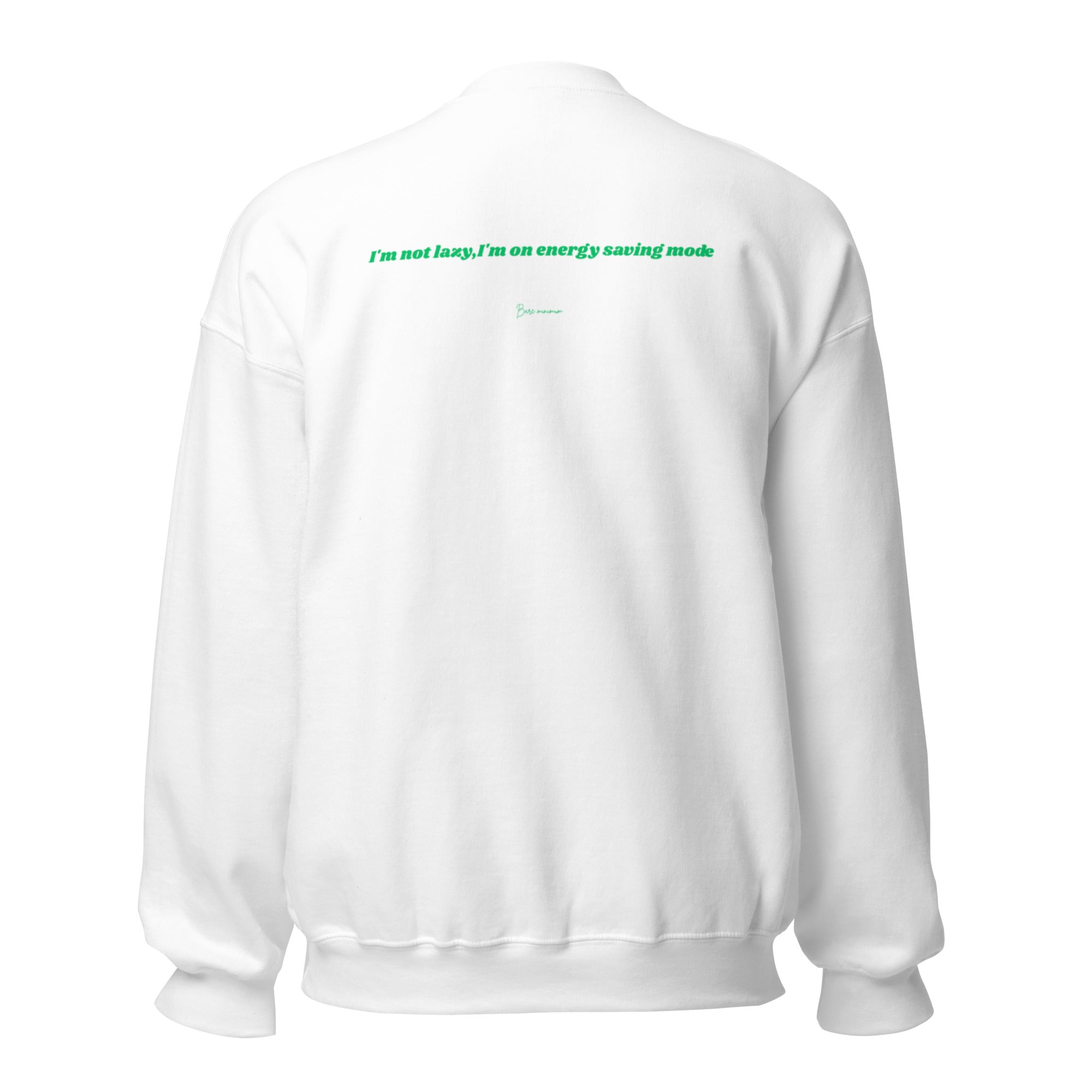 White sweatshirt with text on the back against a white background