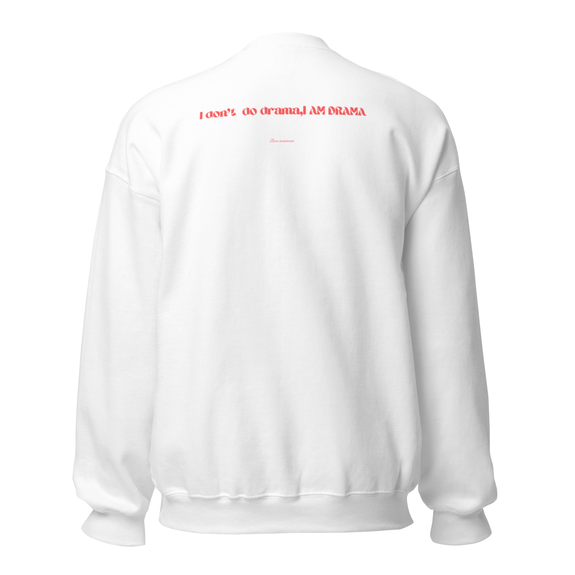 White sweatshirt with red text on the back against a white background