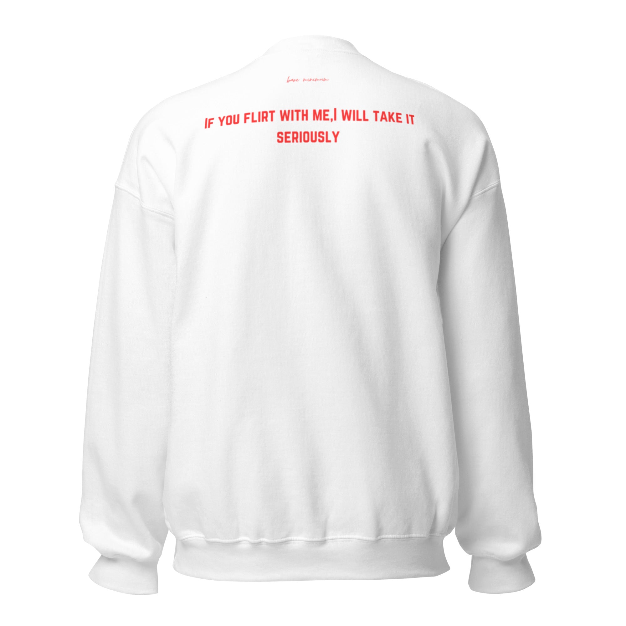 White sweatshirt with red text on the back on a white background