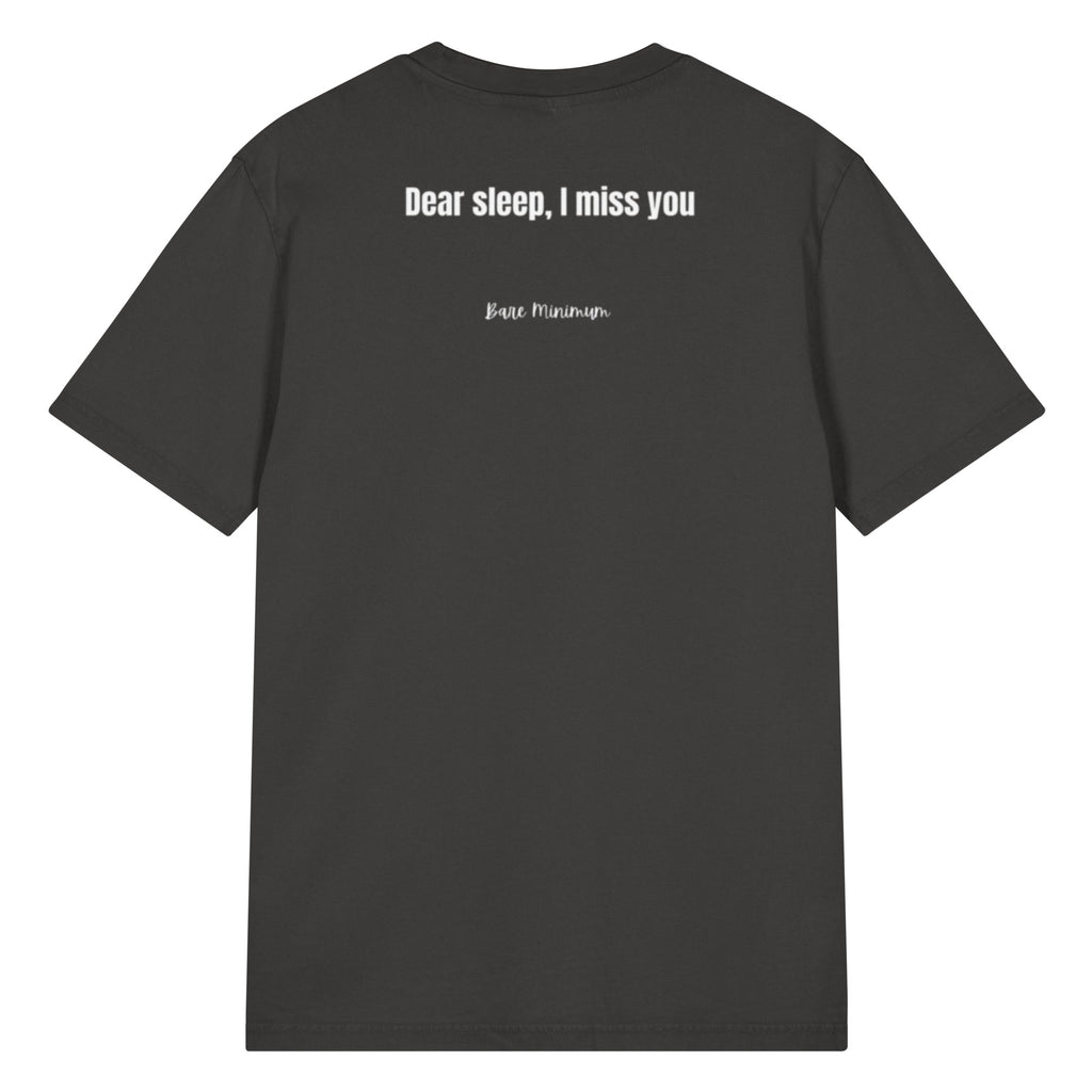 Black t-shirt with white text on the back on a white background