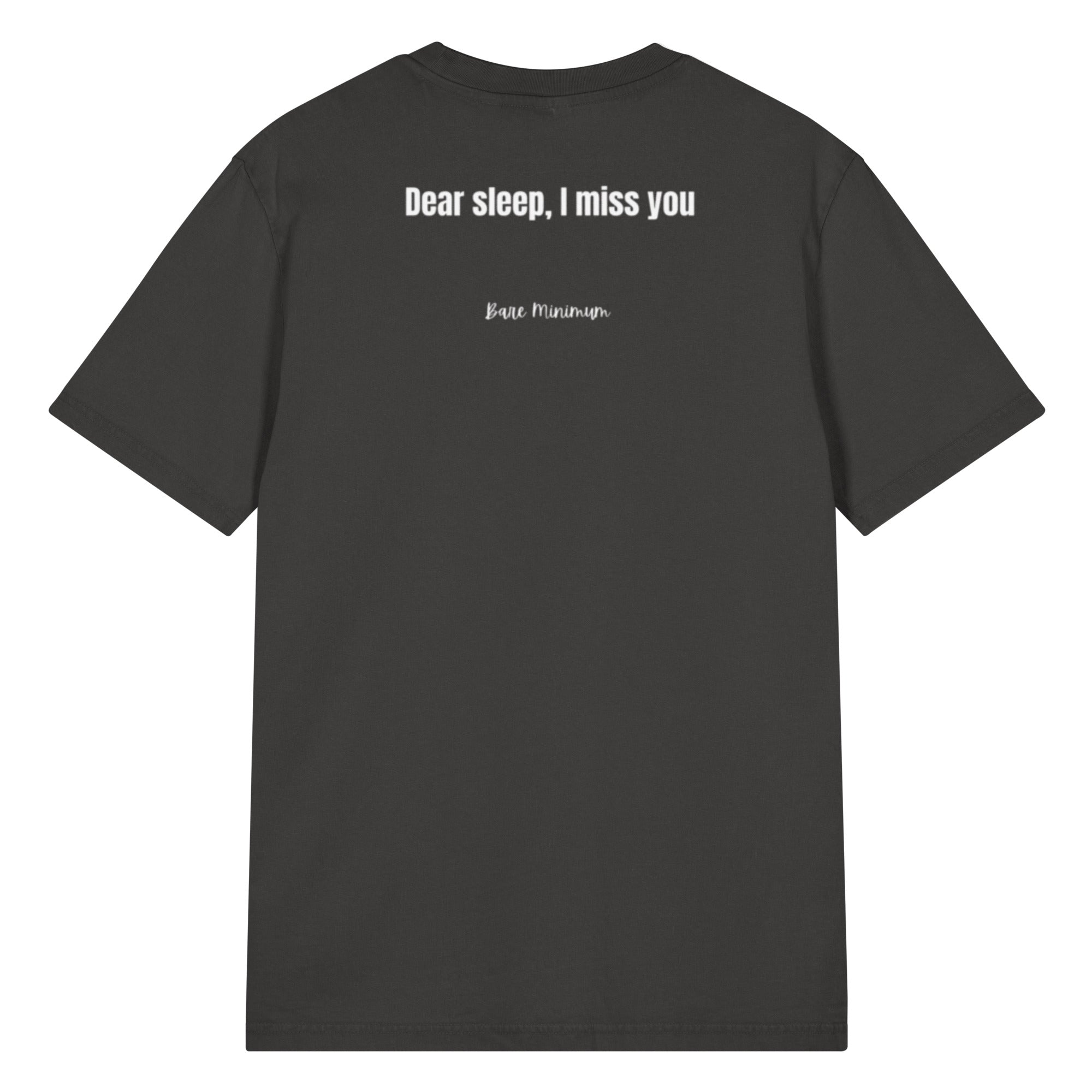 Black t-shirt with white text on the back on a white background